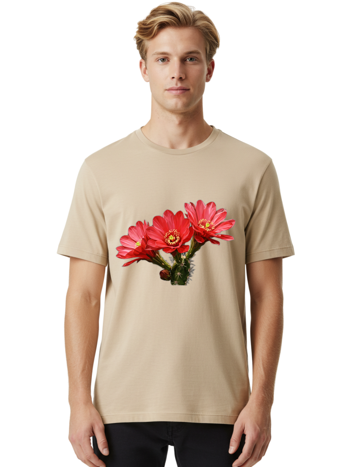 Cactus-Flowers Men'S Graphic Tee, 100% Cotton, Comfortable Casual Summer Wear, Machine Washable, Red Cactus Flowers, Vibrant Petals, Yellow Stamens, Thorny Cactus, Blooming Desert Plant, Exotic Beauty, Floral Arrangement, Cacti With Flowers Bac739