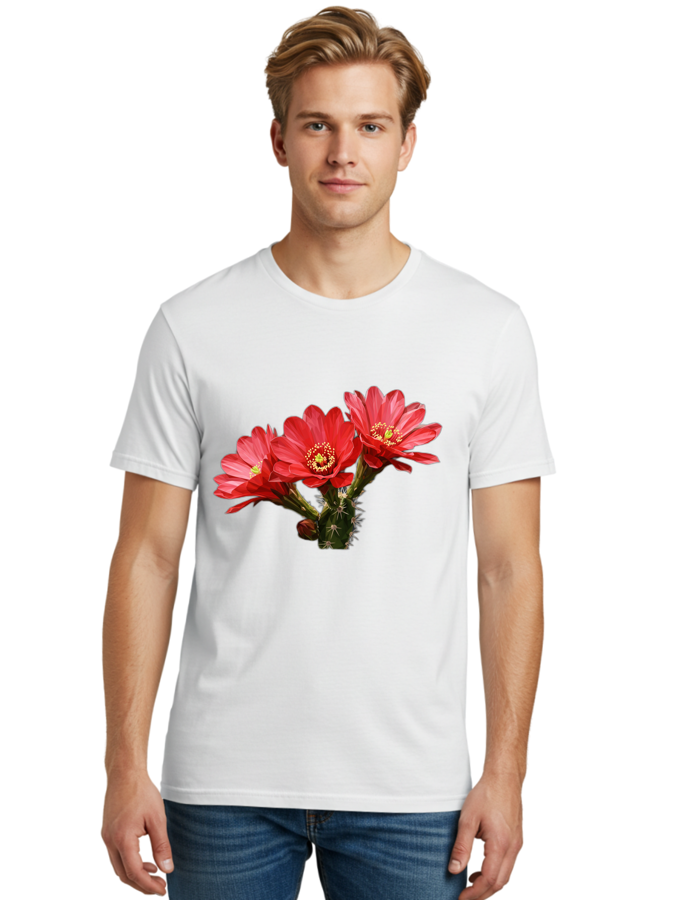 Cactus-Flowers Men'S Graphic Tee, 100% Cotton, Comfortable Casual Summer Wear, Machine Washable, Red Cactus Flowers, Vibrant Petals, Yellow Stamens, Thorny Cactus, Blooming Desert Plant, Exotic Beauty, Floral Arrangement, Cacti With Flowers Bac739