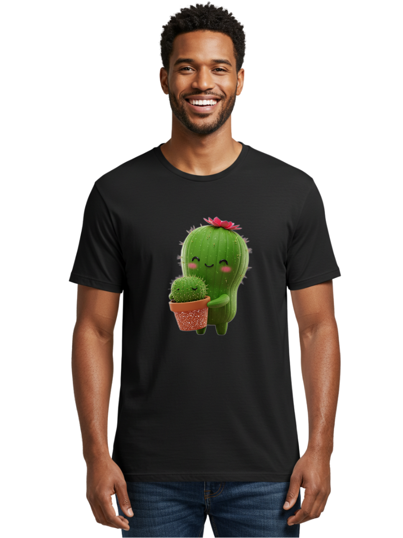 Cactus-Friends-1 Men'S Graphic Tee, 100% Cotton, Comfortable Casual Summer Wear, Machine Washable, Cute Cactus, Cartoon Cacti, Smiling Cactus, Cactus With Flower, Adorable Plants, Potted Cactus, Friendly Desert Plants, Kawaii Cactus, Bac740