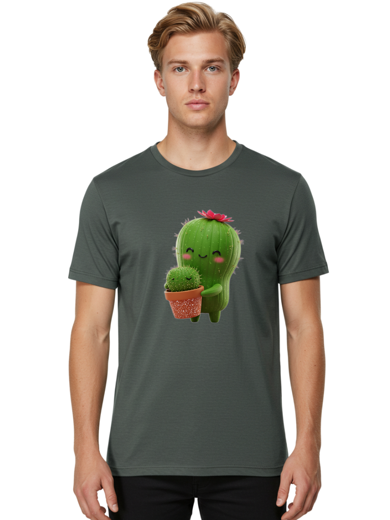 Cactus-Friends-1 Men'S Graphic Tee, 100% Cotton, Comfortable Casual Summer Wear, Machine Washable, Cute Cactus, Cartoon Cacti, Smiling Cactus, Cactus With Flower, Adorable Plants, Potted Cactus, Friendly Desert Plants, Kawaii Cactus, Bac740