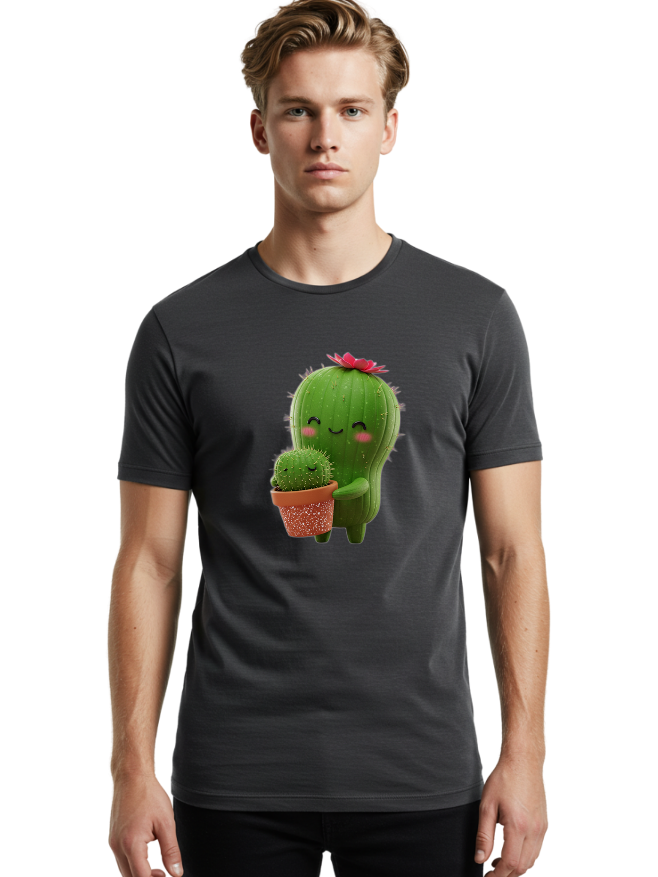 Cactus-Friends-1 Men'S Graphic Tee, 100% Cotton, Comfortable Casual Summer Wear, Machine Washable, Cute Cactus, Cartoon Cacti, Smiling Cactus, Cactus With Flower, Adorable Plants, Potted Cactus, Friendly Desert Plants, Kawaii Cactus, Bac740