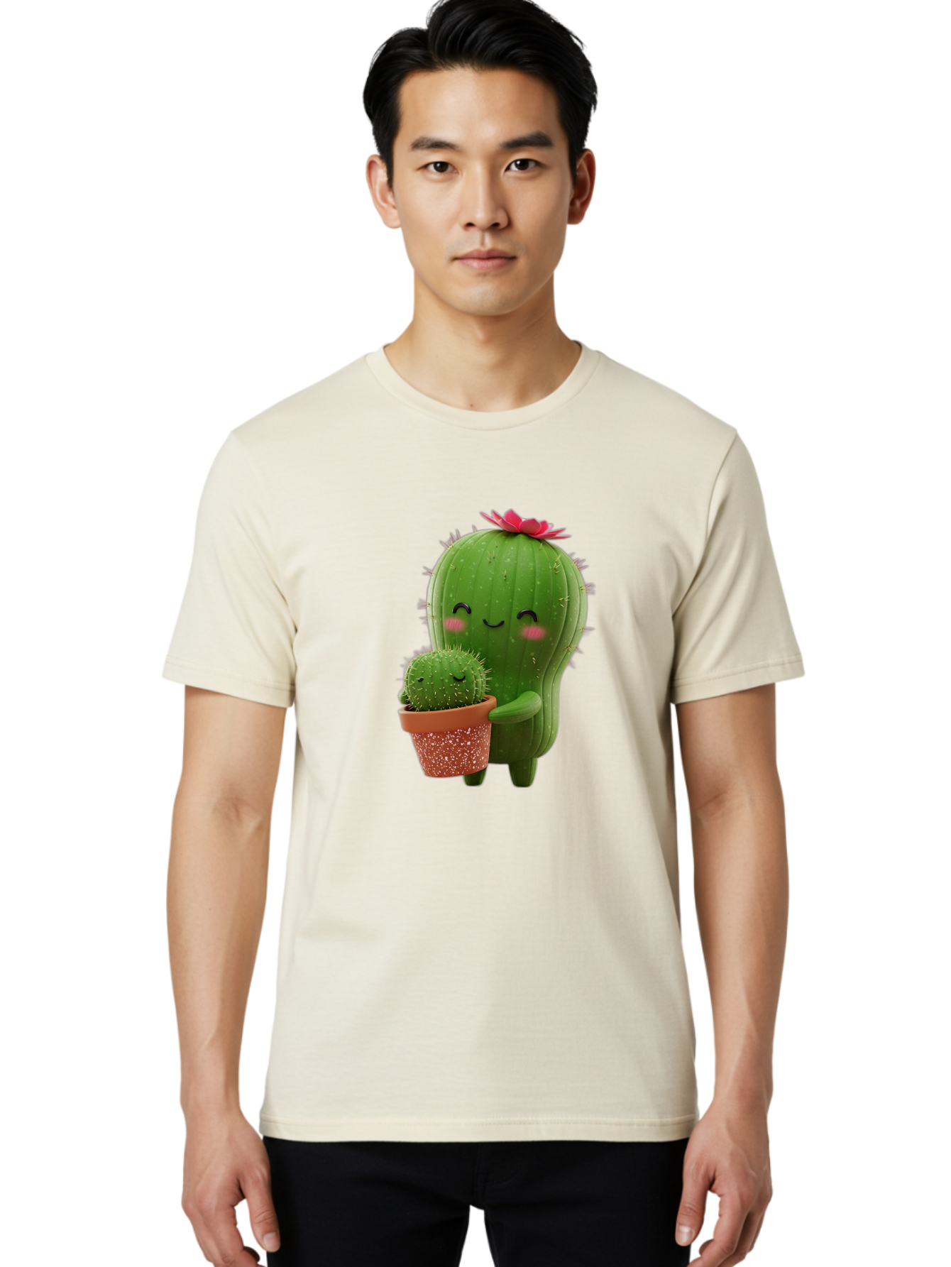 Cactus-Friends-1 Men'S Graphic Tee, 100% Cotton, Comfortable Casual Summer Wear, Machine Washable, Cute Cactus, Cartoon Cacti, Smiling Cactus, Cactus With Flower, Adorable Plants, Potted Cactus, Friendly Desert Plants, Kawaii Cactus, Bac740