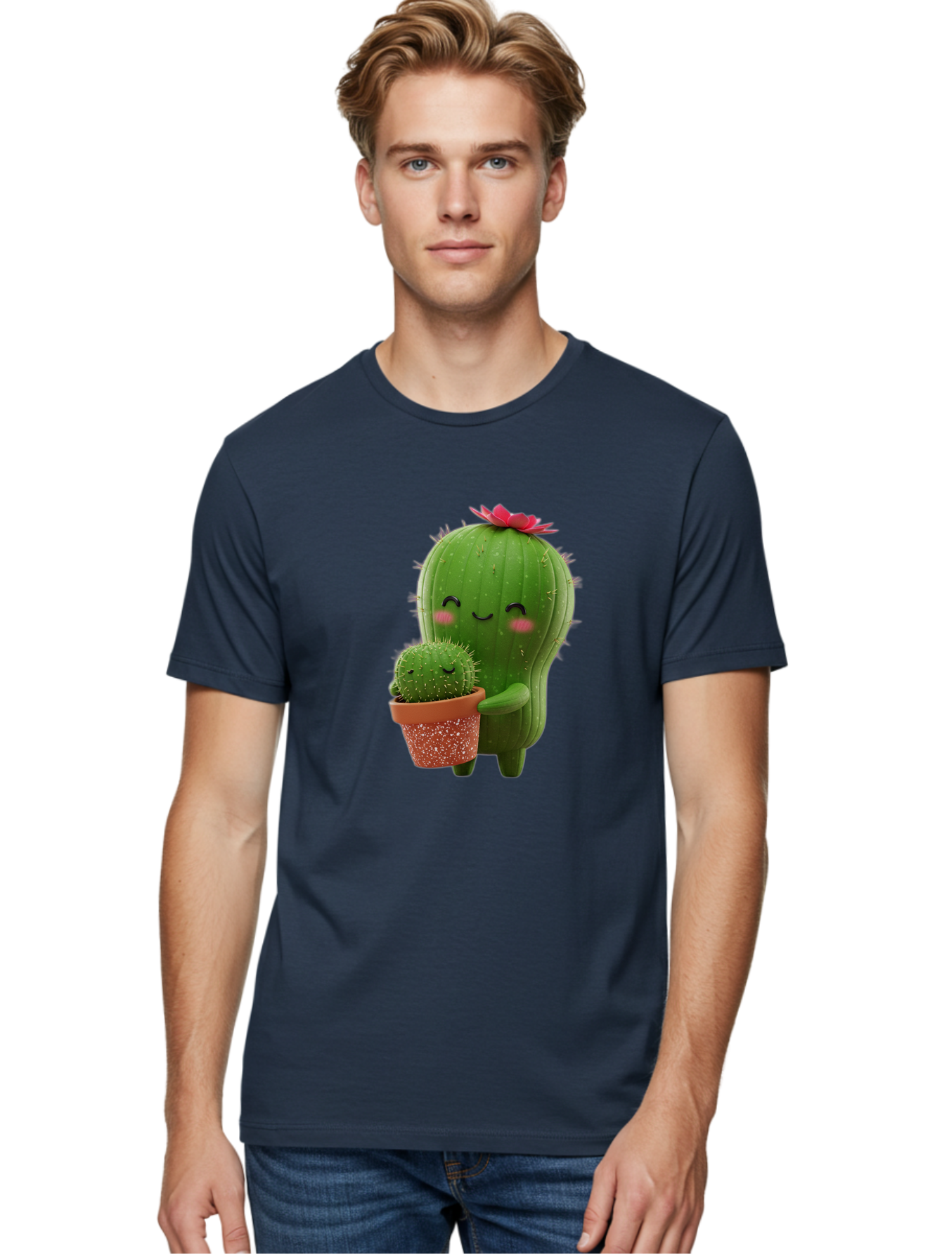 Cactus-Friends-1 Men'S Graphic Tee, 100% Cotton, Comfortable Casual Summer Wear, Machine Washable, Cute Cactus, Cartoon Cacti, Smiling Cactus, Cactus With Flower, Adorable Plants, Potted Cactus, Friendly Desert Plants, Kawaii Cactus, Bac740