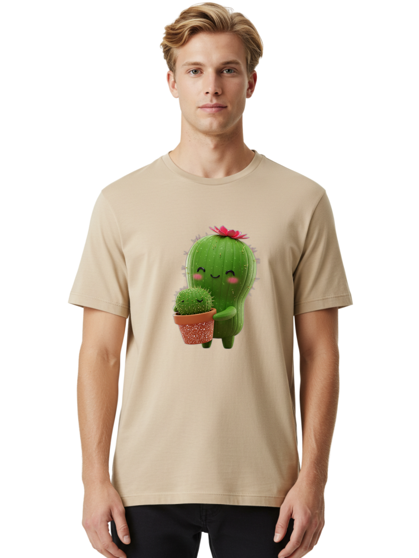 Cactus-Friends-1 Men'S Graphic Tee, 100% Cotton, Comfortable Casual Summer Wear, Machine Washable, Cute Cactus, Cartoon Cacti, Smiling Cactus, Cactus With Flower, Adorable Plants, Potted Cactus, Friendly Desert Plants, Kawaii Cactus, Bac740