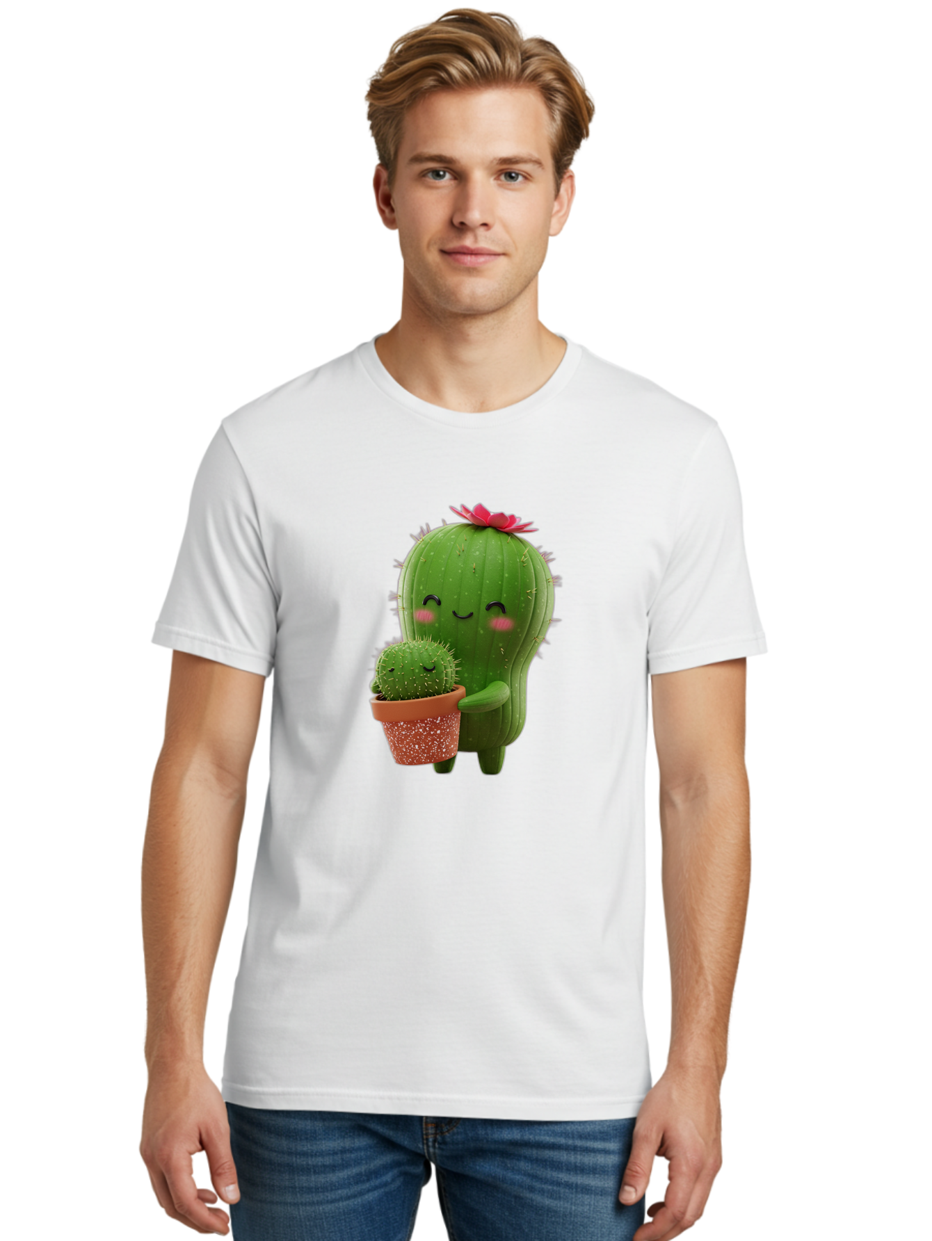Cactus-Friends-1 Men'S Graphic Tee, 100% Cotton, Comfortable Casual Summer Wear, Machine Washable, Cute Cactus, Cartoon Cacti, Smiling Cactus, Cactus With Flower, Adorable Plants, Potted Cactus, Friendly Desert Plants, Kawaii Cactus, Bac740