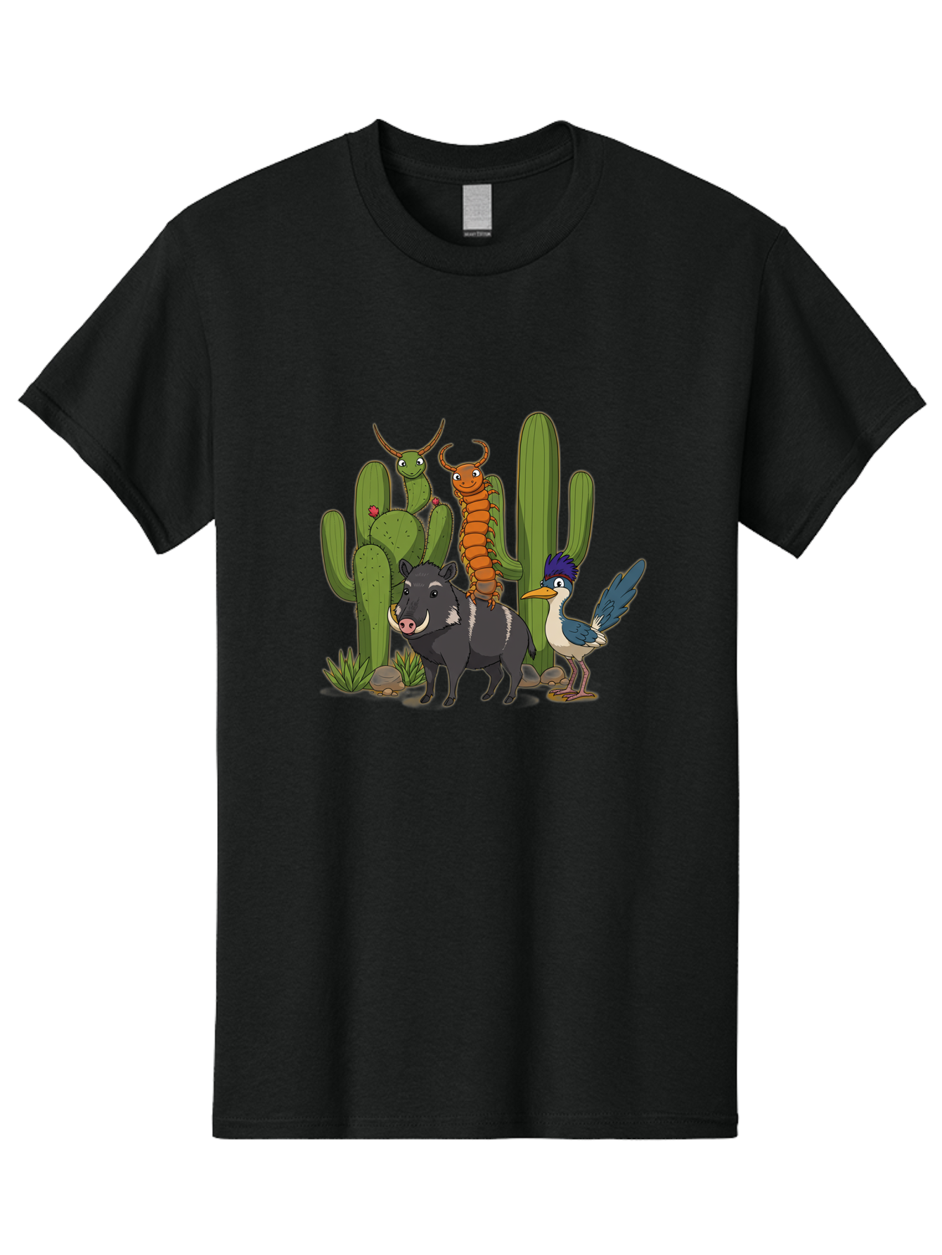 Cactus-Friends Men'S Graphic Tee, 100% Cotton, Comfortable Casual Summer Wear, Machine Washable, Desert Wildlife, Cactus Plants, Cartoon Animals, Pig, Bird, Insects, Funny Creatures, 2D Illustration, Arid Landscape, Vibrant Colors, Bac741