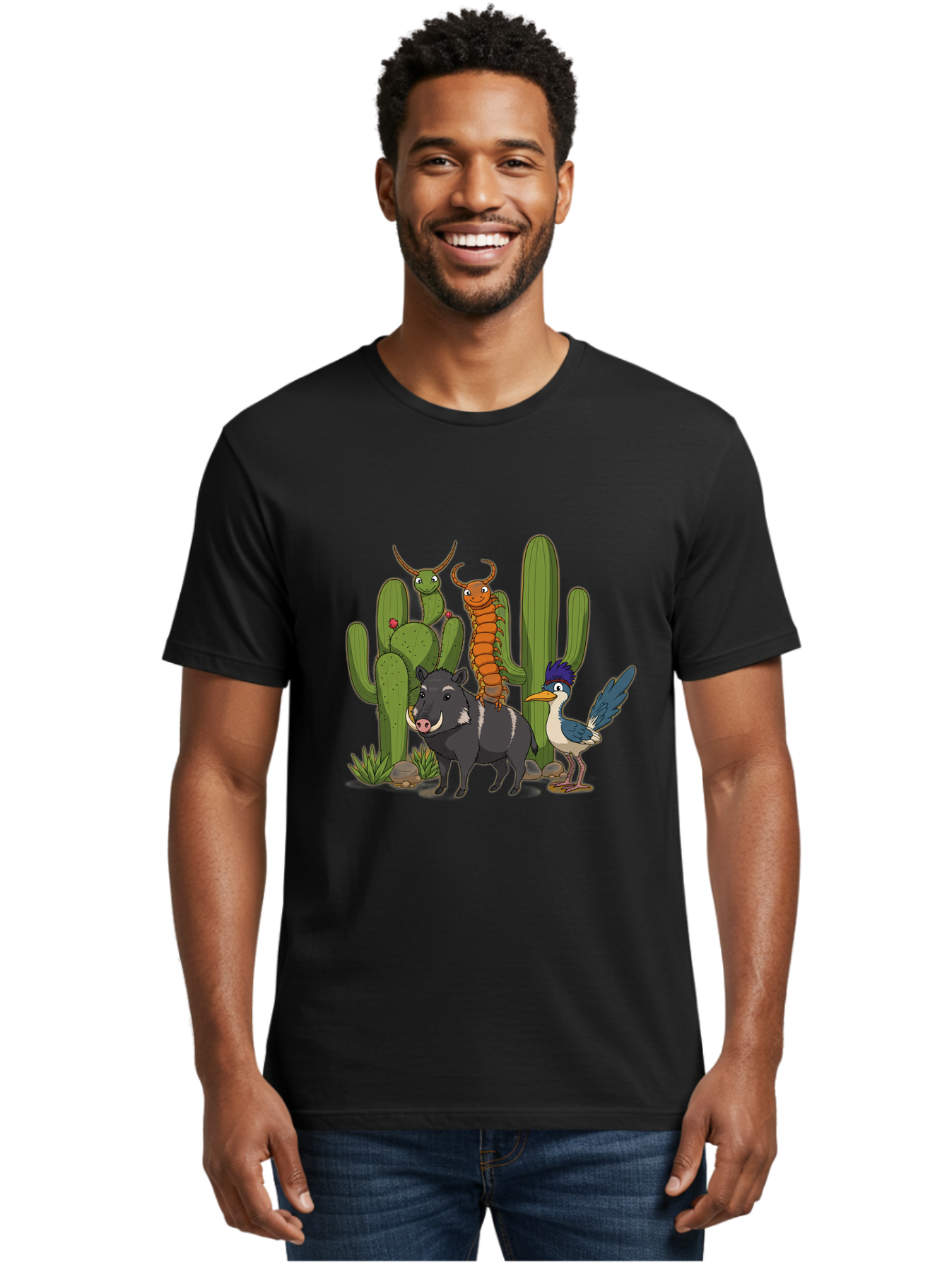 Cactus-Friends Men'S Graphic Tee, 100% Cotton, Comfortable Casual Summer Wear, Machine Washable, Desert Wildlife, Cactus Plants, Cartoon Animals, Pig, Bird, Insects, Funny Creatures, 2D Illustration, Arid Landscape, Vibrant Colors, Bac741