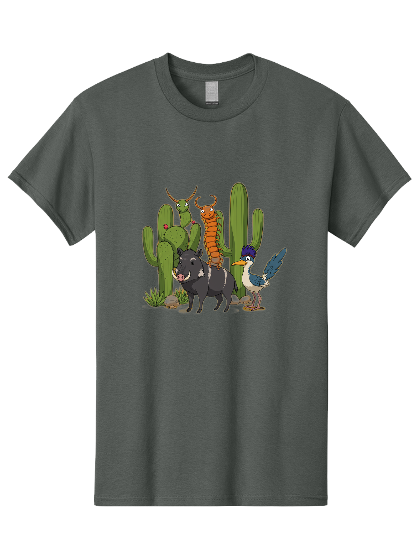 Cactus-Friends Men'S Graphic Tee, 100% Cotton, Comfortable Casual Summer Wear, Machine Washable, Desert Wildlife, Cactus Plants, Cartoon Animals, Pig, Bird, Insects, Funny Creatures, 2D Illustration, Arid Landscape, Vibrant Colors, Bac741