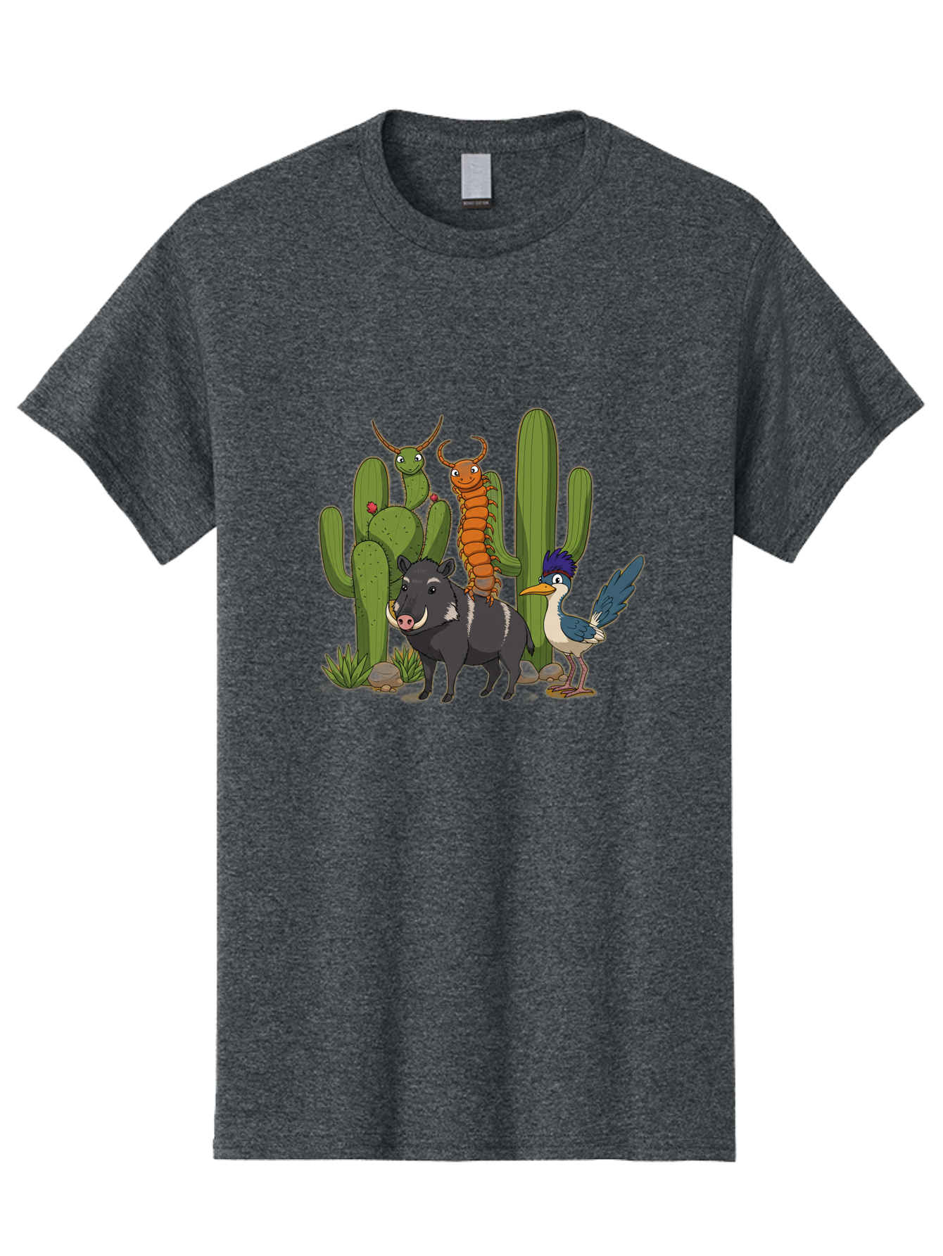 Cactus-Friends Men'S Graphic Tee, 100% Cotton, Comfortable Casual Summer Wear, Machine Washable, Desert Wildlife, Cactus Plants, Cartoon Animals, Pig, Bird, Insects, Funny Creatures, 2D Illustration, Arid Landscape, Vibrant Colors, Bac741