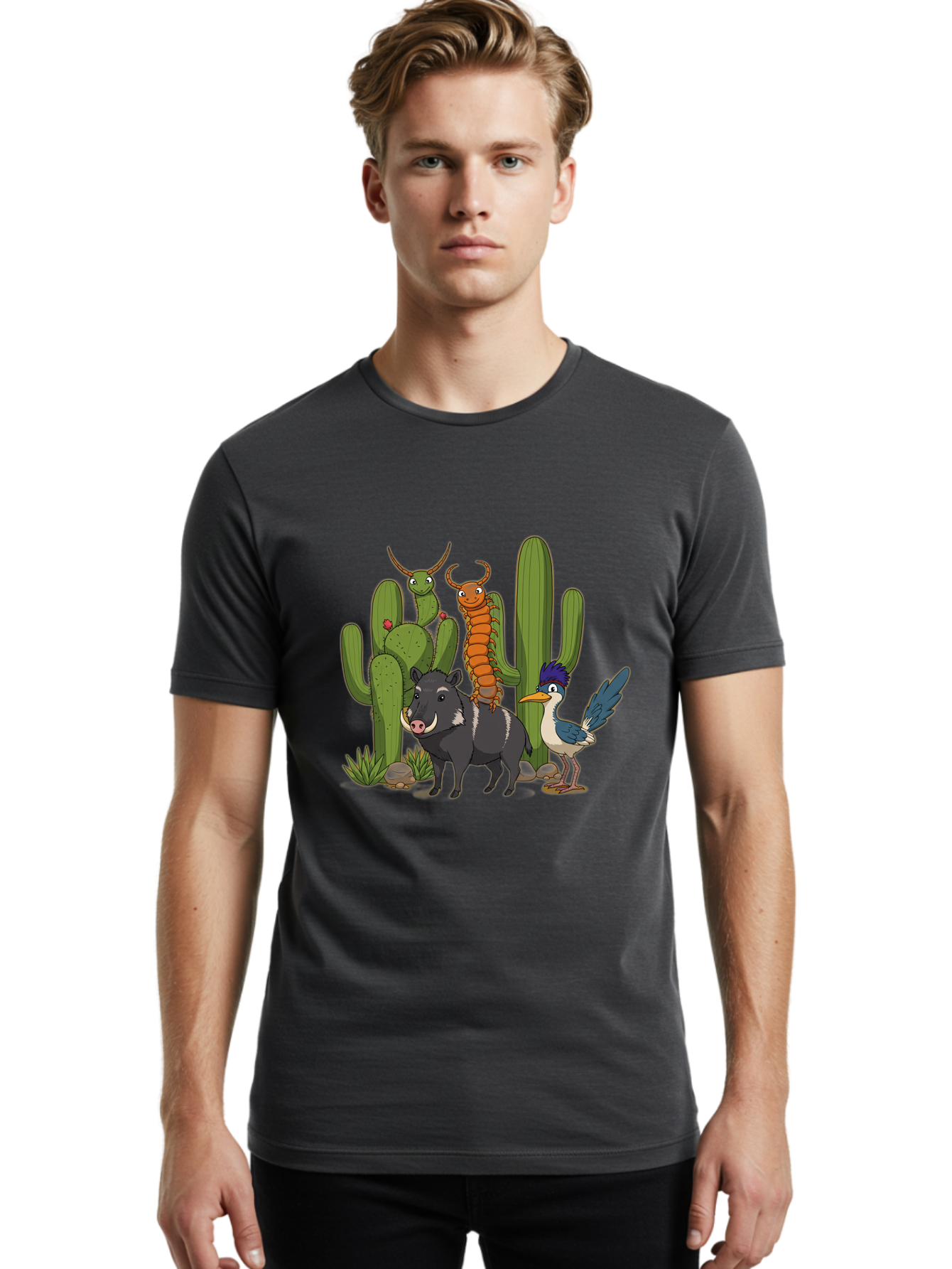 Cactus-Friends Men'S Graphic Tee, 100% Cotton, Comfortable Casual Summer Wear, Machine Washable, Desert Wildlife, Cactus Plants, Cartoon Animals, Pig, Bird, Insects, Funny Creatures, 2D Illustration, Arid Landscape, Vibrant Colors, Bac741