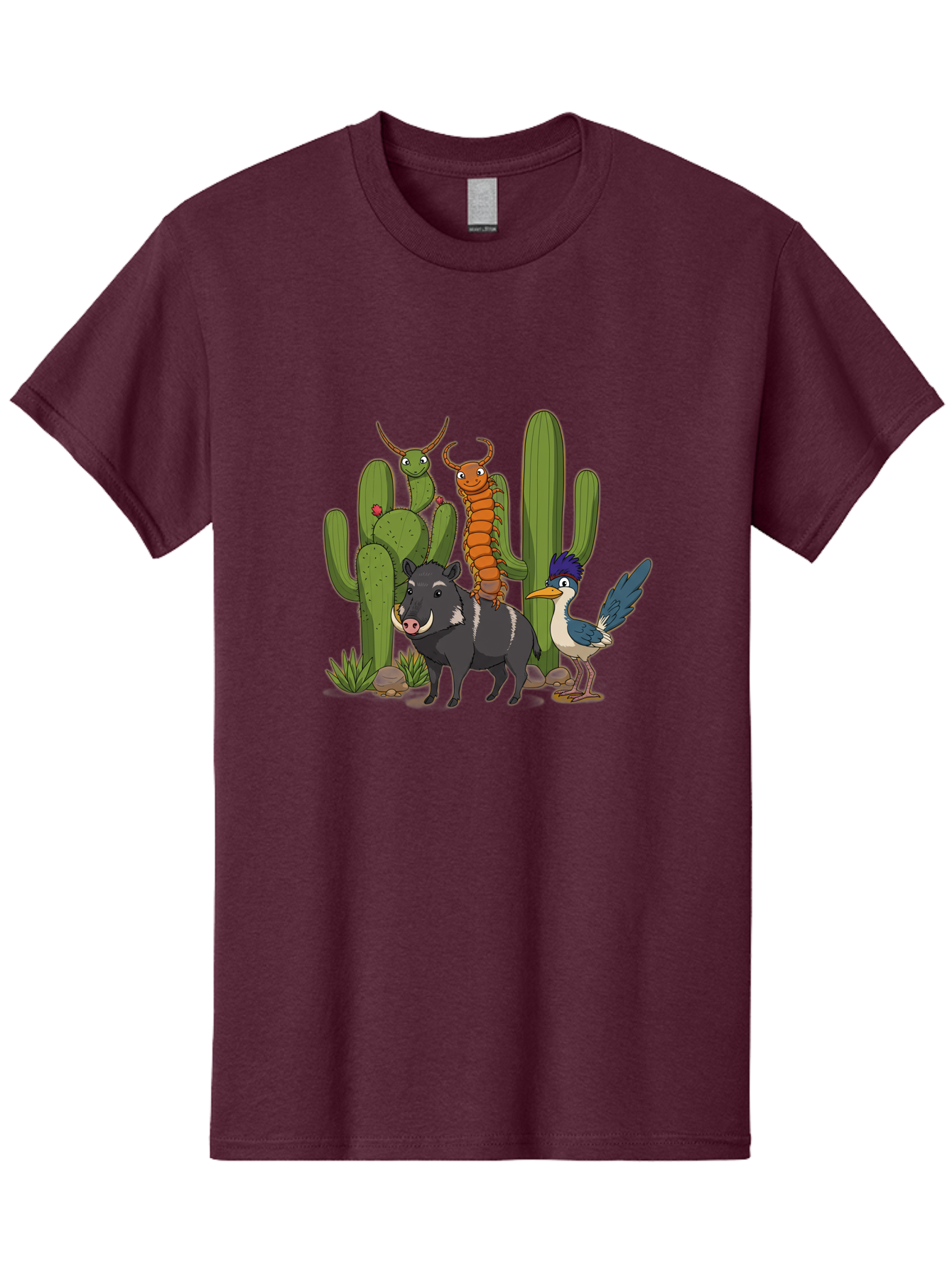 Cactus-Friends Men'S Graphic Tee, 100% Cotton, Comfortable Casual Summer Wear, Machine Washable, Desert Wildlife, Cactus Plants, Cartoon Animals, Pig, Bird, Insects, Funny Creatures, 2D Illustration, Arid Landscape, Vibrant Colors, Bac741