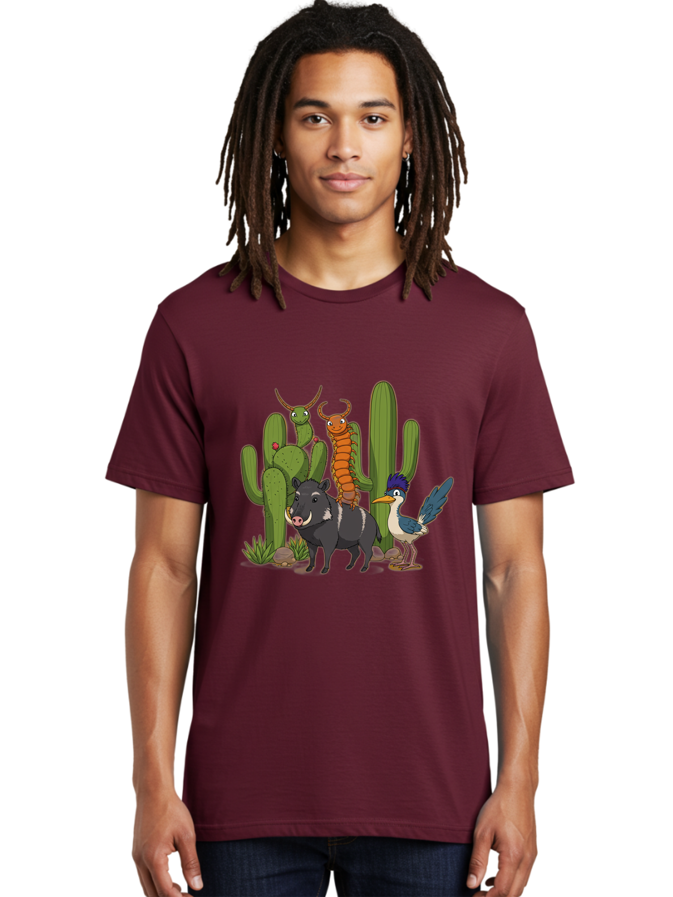 Cactus-Friends Men'S Graphic Tee, 100% Cotton, Comfortable Casual Summer Wear, Machine Washable, Desert Wildlife, Cactus Plants, Cartoon Animals, Pig, Bird, Insects, Funny Creatures, 2D Illustration, Arid Landscape, Vibrant Colors, Bac741