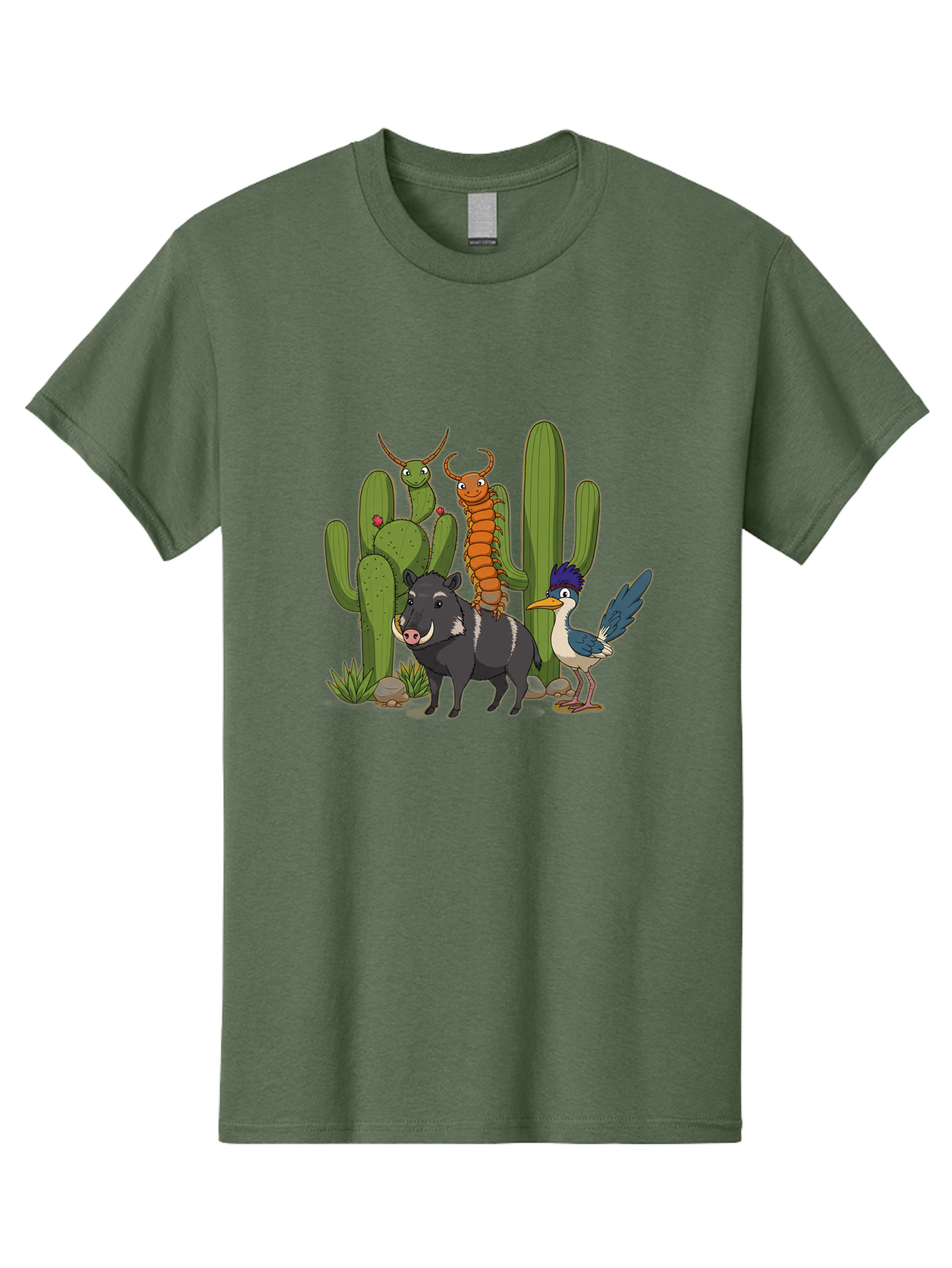 Cactus-Friends Men'S Graphic Tee, 100% Cotton, Comfortable Casual Summer Wear, Machine Washable, Desert Wildlife, Cactus Plants, Cartoon Animals, Pig, Bird, Insects, Funny Creatures, 2D Illustration, Arid Landscape, Vibrant Colors, Bac741