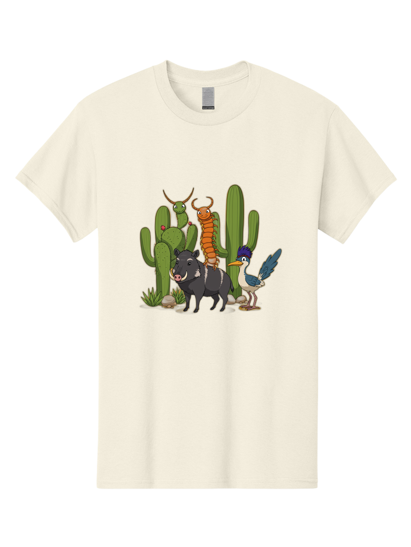 Cactus-Friends Men'S Graphic Tee, 100% Cotton, Comfortable Casual Summer Wear, Machine Washable, Desert Wildlife, Cactus Plants, Cartoon Animals, Pig, Bird, Insects, Funny Creatures, 2D Illustration, Arid Landscape, Vibrant Colors, Bac741