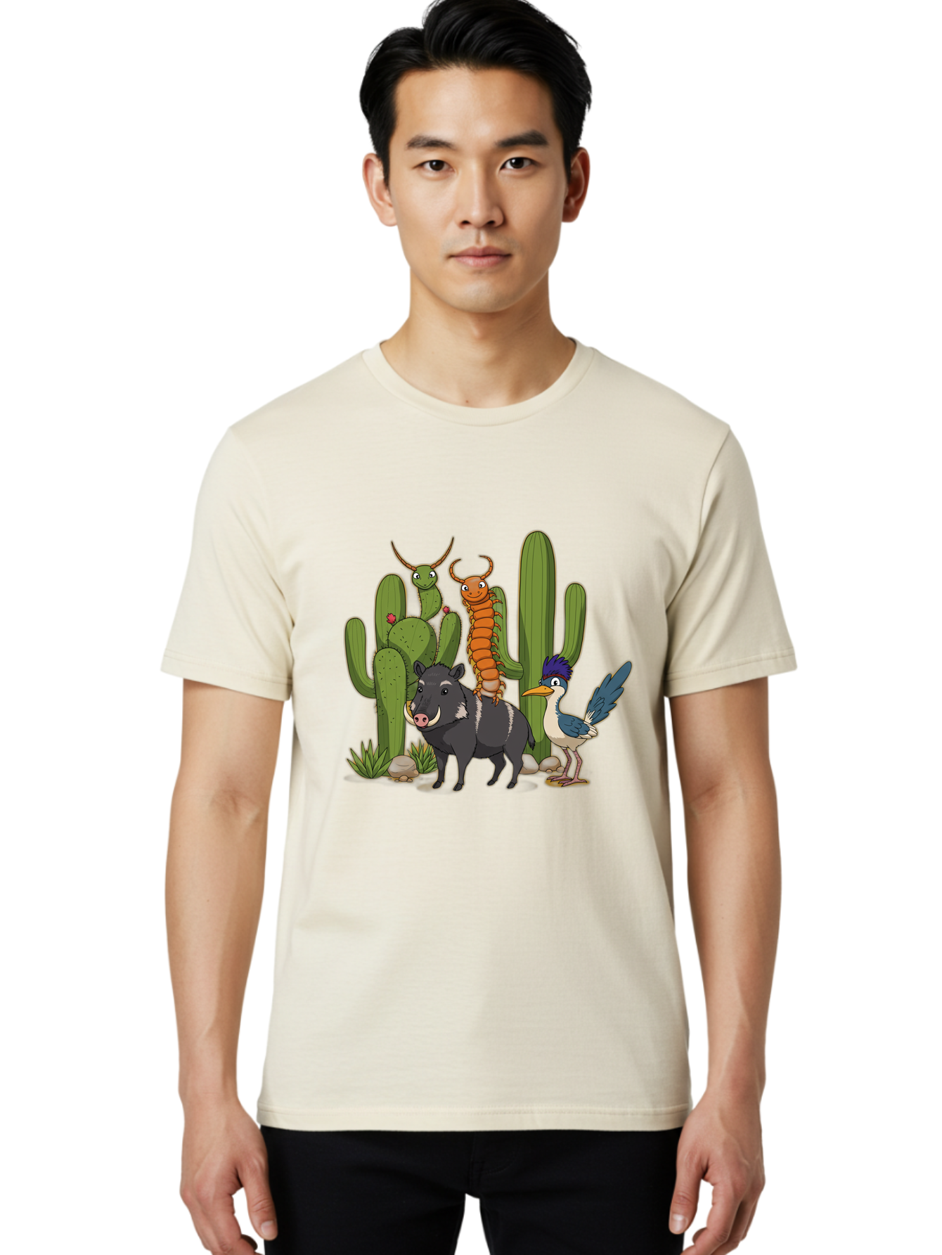 Cactus-Friends Men'S Graphic Tee, 100% Cotton, Comfortable Casual Summer Wear, Machine Washable, Desert Wildlife, Cactus Plants, Cartoon Animals, Pig, Bird, Insects, Funny Creatures, 2D Illustration, Arid Landscape, Vibrant Colors, Bac741