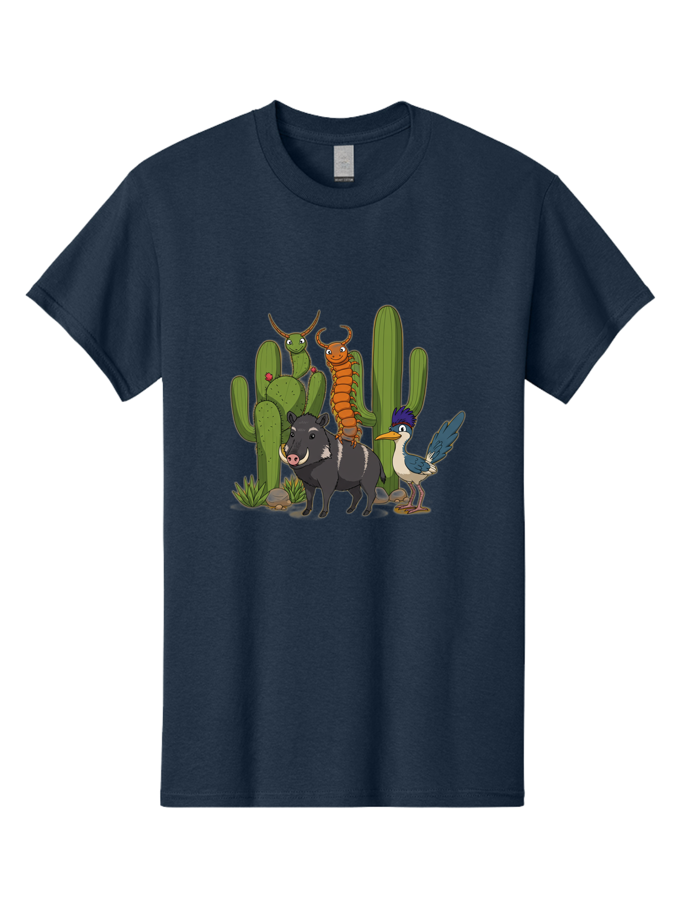 Cactus-Friends Men'S Graphic Tee, 100% Cotton, Comfortable Casual Summer Wear, Machine Washable, Desert Wildlife, Cactus Plants, Cartoon Animals, Pig, Bird, Insects, Funny Creatures, 2D Illustration, Arid Landscape, Vibrant Colors, Bac741