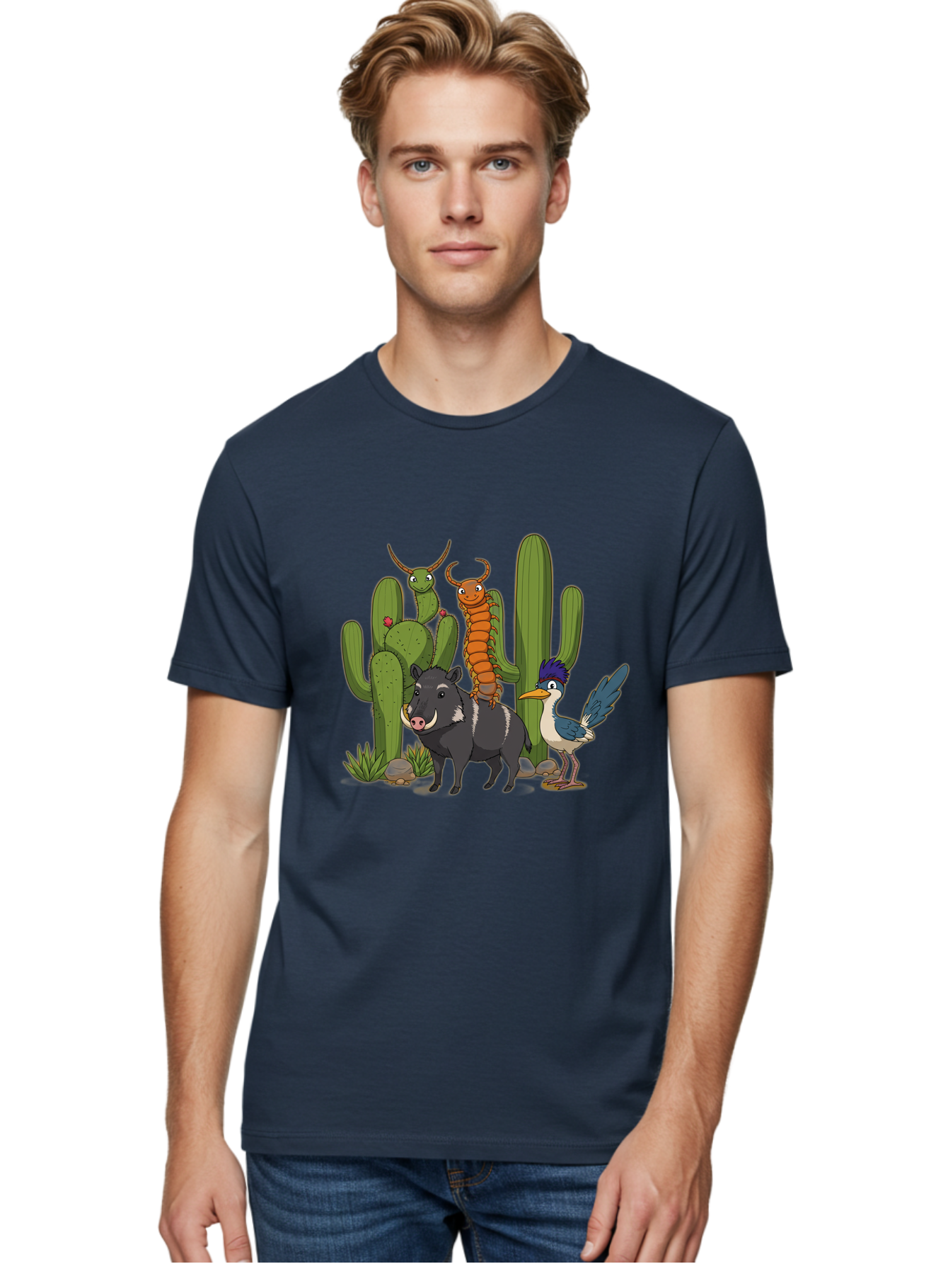 Cactus-Friends Men'S Graphic Tee, 100% Cotton, Comfortable Casual Summer Wear, Machine Washable, Desert Wildlife, Cactus Plants, Cartoon Animals, Pig, Bird, Insects, Funny Creatures, 2D Illustration, Arid Landscape, Vibrant Colors, Bac741