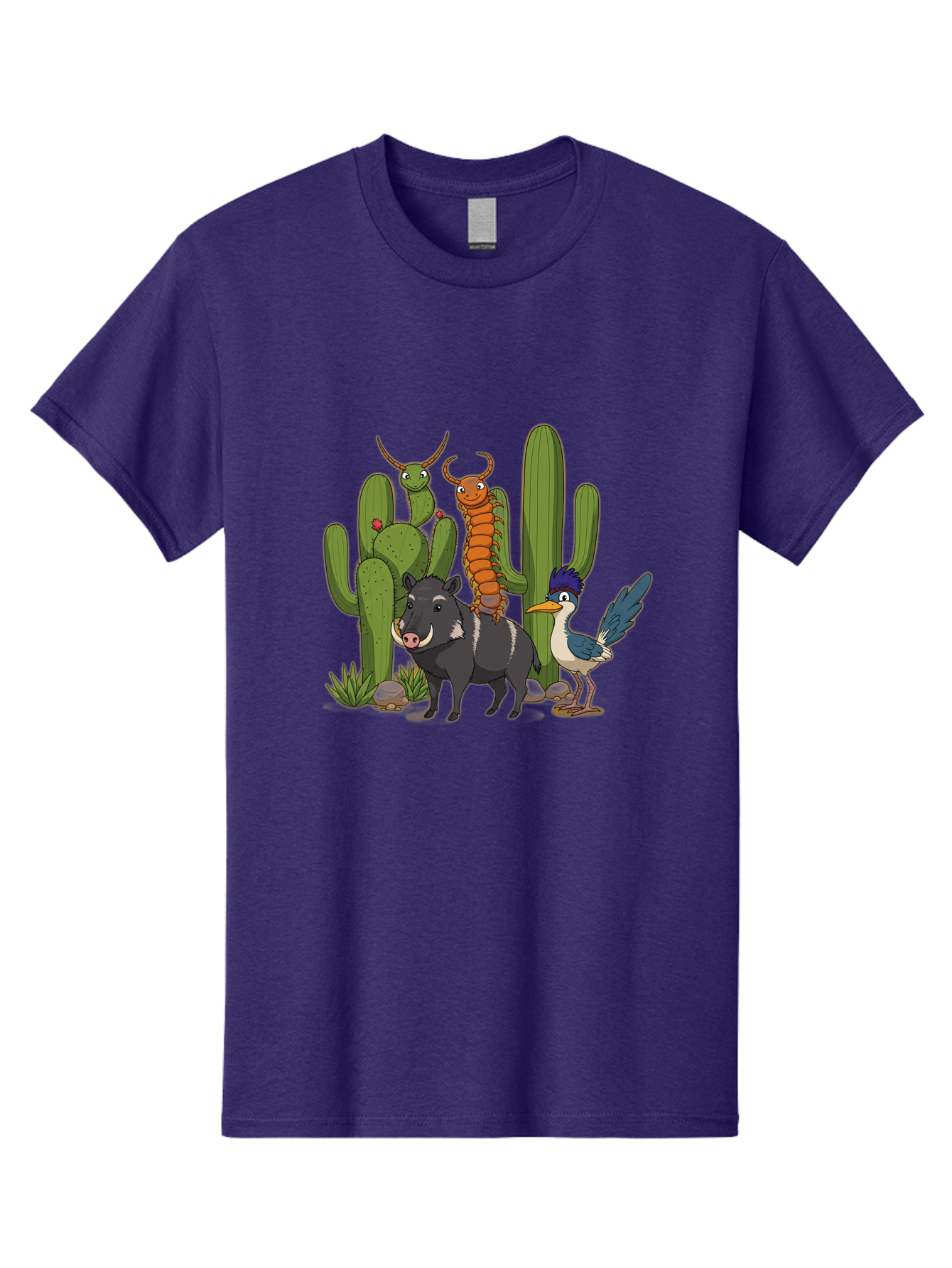 Cactus-Friends Men'S Graphic Tee, 100% Cotton, Comfortable Casual Summer Wear, Machine Washable, Desert Wildlife, Cactus Plants, Cartoon Animals, Pig, Bird, Insects, Funny Creatures, 2D Illustration, Arid Landscape, Vibrant Colors, Bac741