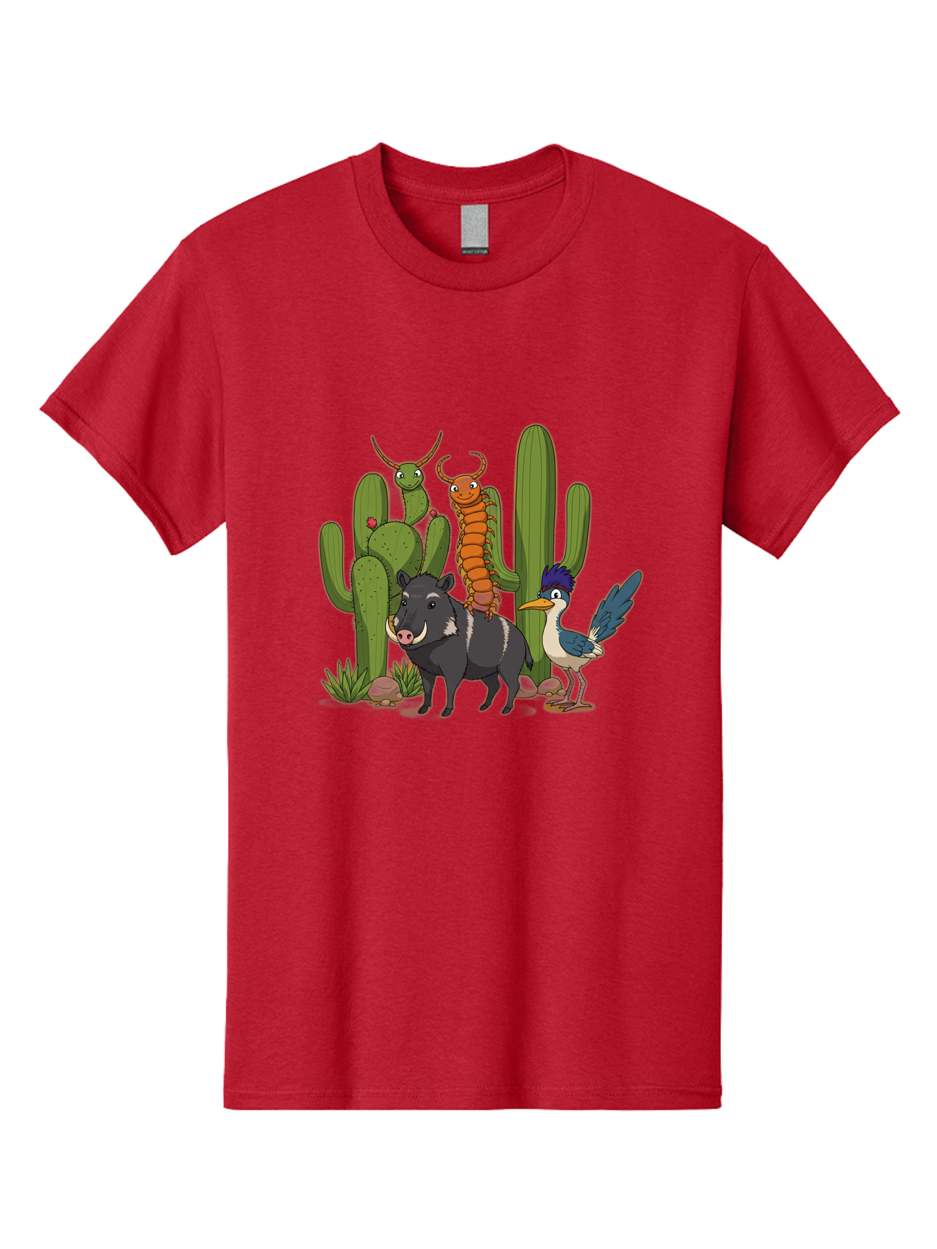 Cactus-Friends Men'S Graphic Tee, 100% Cotton, Comfortable Casual Summer Wear, Machine Washable, Desert Wildlife, Cactus Plants, Cartoon Animals, Pig, Bird, Insects, Funny Creatures, 2D Illustration, Arid Landscape, Vibrant Colors, Bac741