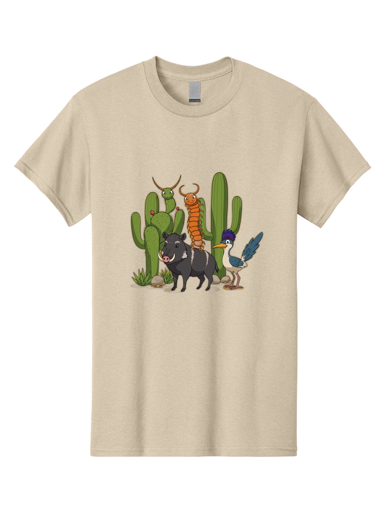 Cactus-Friends Men'S Graphic Tee, 100% Cotton, Comfortable Casual Summer Wear, Machine Washable, Desert Wildlife, Cactus Plants, Cartoon Animals, Pig, Bird, Insects, Funny Creatures, 2D Illustration, Arid Landscape, Vibrant Colors, Bac741