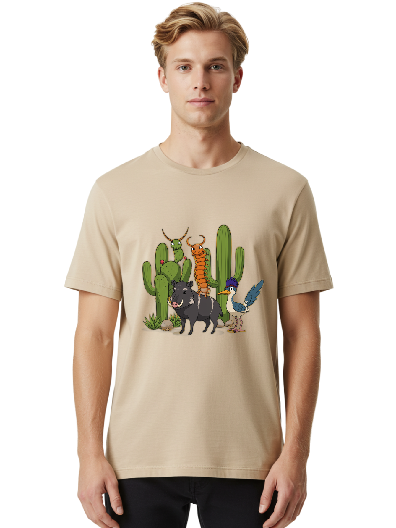 Cactus-Friends Men'S Graphic Tee, 100% Cotton, Comfortable Casual Summer Wear, Machine Washable, Desert Wildlife, Cactus Plants, Cartoon Animals, Pig, Bird, Insects, Funny Creatures, 2D Illustration, Arid Landscape, Vibrant Colors, Bac741