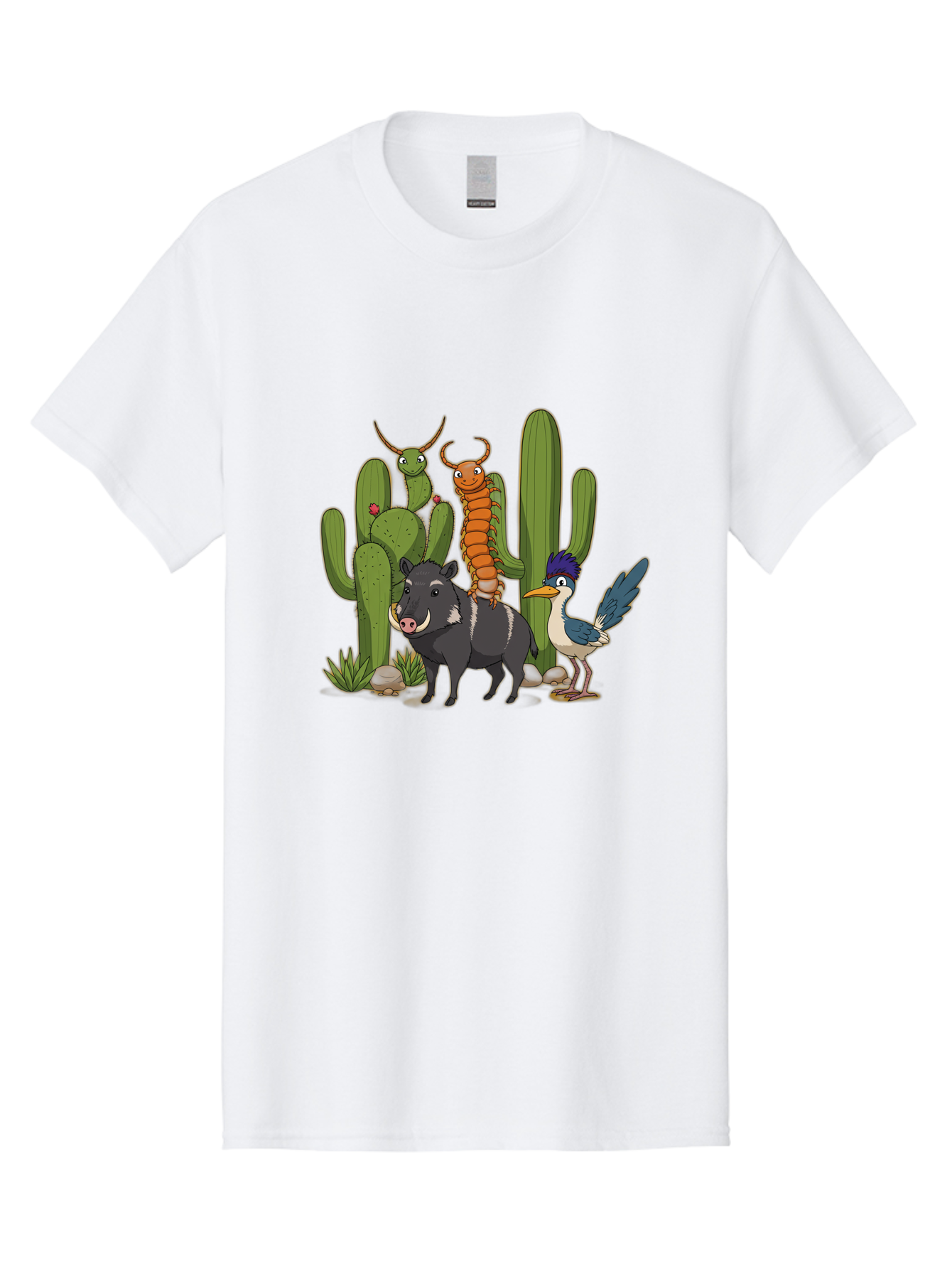 Cactus-Friends Men'S Graphic Tee, 100% Cotton, Comfortable Casual Summer Wear, Machine Washable, Desert Wildlife, Cactus Plants, Cartoon Animals, Pig, Bird, Insects, Funny Creatures, 2D Illustration, Arid Landscape, Vibrant Colors, Bac741