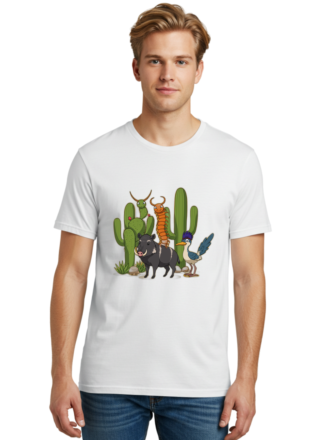 Cactus-Friends Men'S Graphic Tee, 100% Cotton, Comfortable Casual Summer Wear, Machine Washable, Desert Wildlife, Cactus Plants, Cartoon Animals, Pig, Bird, Insects, Funny Creatures, 2D Illustration, Arid Landscape, Vibrant Colors, Bac741