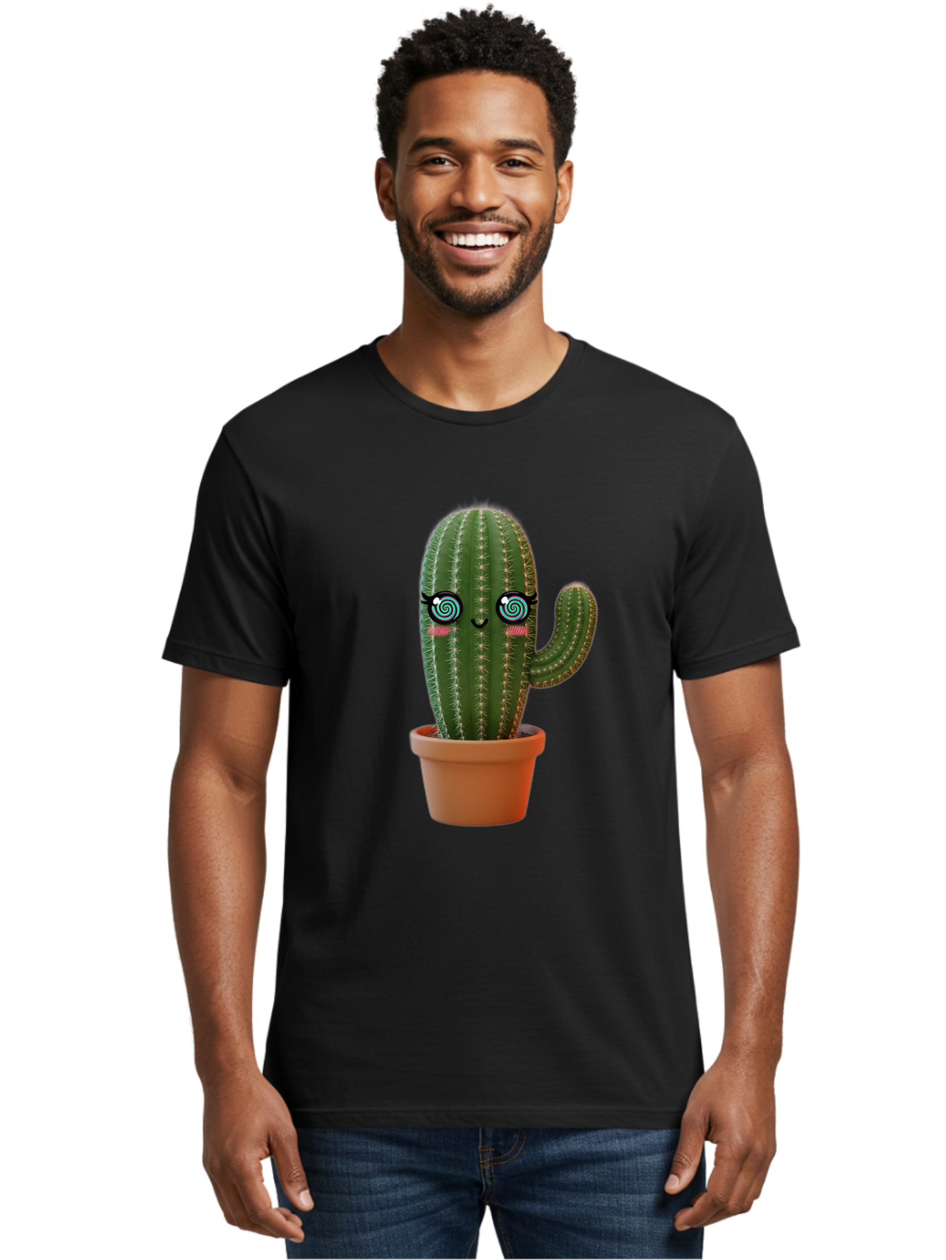 Cactus-Girl Men'S Graphic Tee, 100% Cotton, Comfortable Casual Summer Wear, Machine Washable, Cartoon Cactus, Potted Plant, Kawaii Character, Cacti, Succulent, Digital Art, Quirky Design, Cute Illustration, Fun Home Decor Bac742