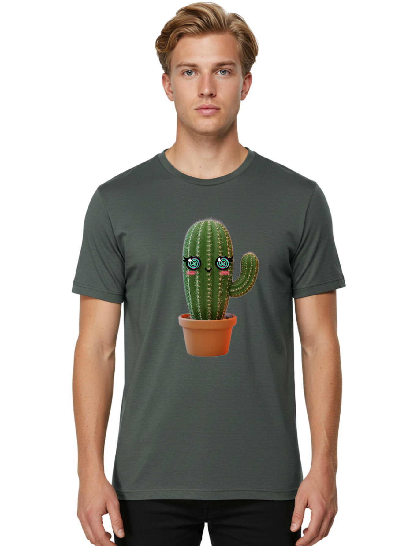 Cactus-Girl Men'S Graphic Tee, 100% Cotton, Comfortable Casual Summer Wear, Machine Washable, Cartoon Cactus, Potted Plant, Kawaii Character, Cacti, Succulent, Digital Art, Quirky Design, Cute Illustration, Fun Home Decor Bac742