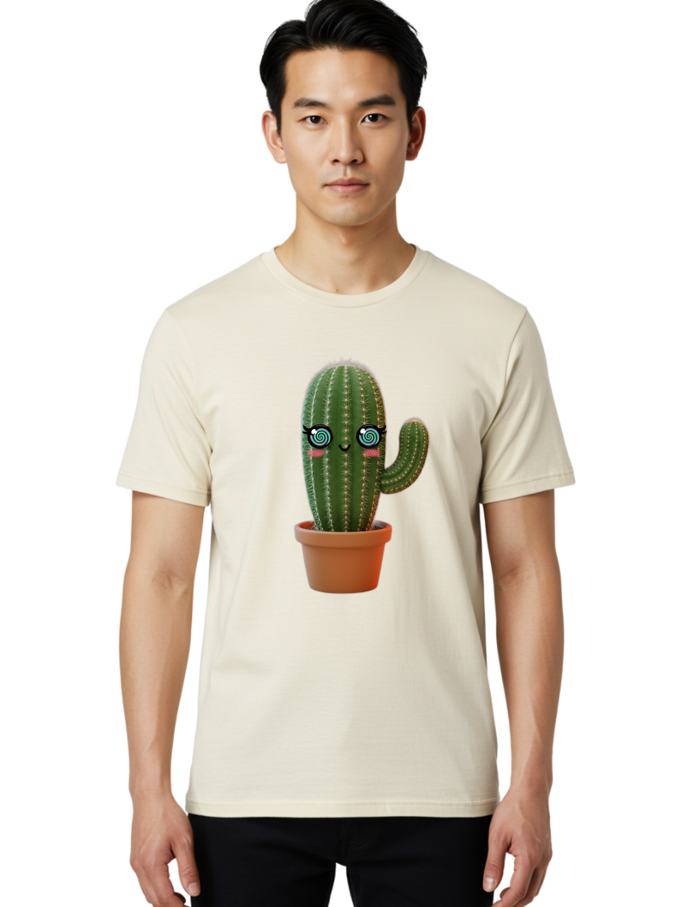 Cactus-Girl Men'S Graphic Tee, 100% Cotton, Comfortable Casual Summer Wear, Machine Washable, Cartoon Cactus, Potted Plant, Kawaii Character, Cacti, Succulent, Digital Art, Quirky Design, Cute Illustration, Fun Home Decor Bac742