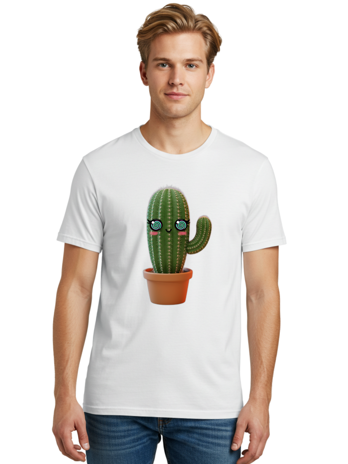 Cactus-Girl Men'S Graphic Tee, 100% Cotton, Comfortable Casual Summer Wear, Machine Washable, Cartoon Cactus, Potted Plant, Kawaii Character, Cacti, Succulent, Digital Art, Quirky Design, Cute Illustration, Fun Home Decor Bac742