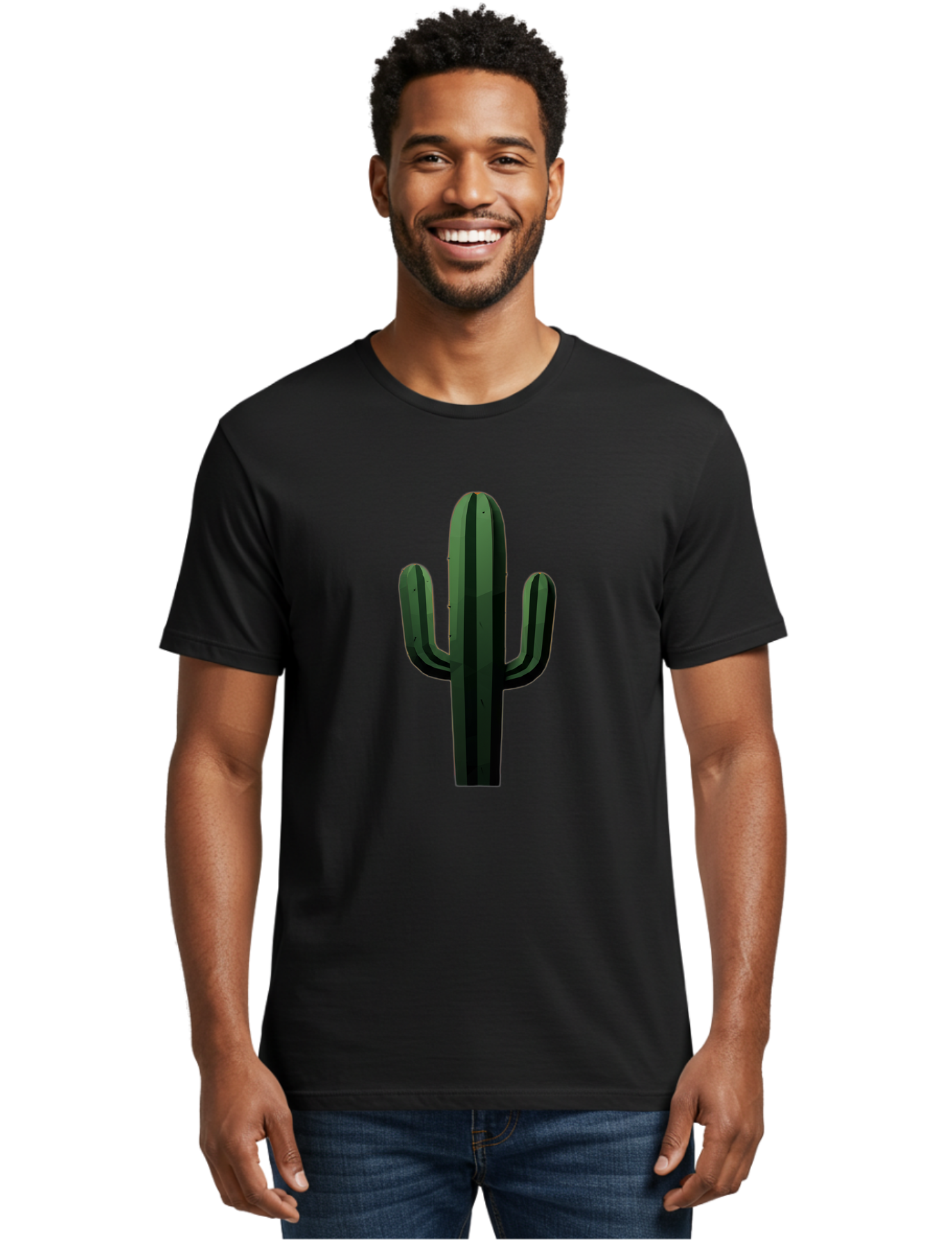 Cactus-Illustration Men'S Graphic Tee, 100% Cotton, Comfortable Casual Summer Wear, Machine Washable, Saguaro Cactus, Desert Plant, Cactus Illustration, Cartoon Cactus, Green Cactus, Simple Design, Minimalist Art Bac743