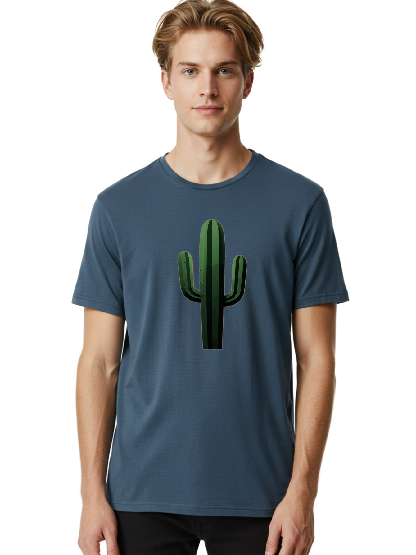 Cactus-Illustration Men'S Graphic Tee, 100% Cotton, Comfortable Casual Summer Wear, Machine Washable, Saguaro Cactus, Desert Plant, Cactus Illustration, Cartoon Cactus, Green Cactus, Simple Design, Minimalist Art Bac743