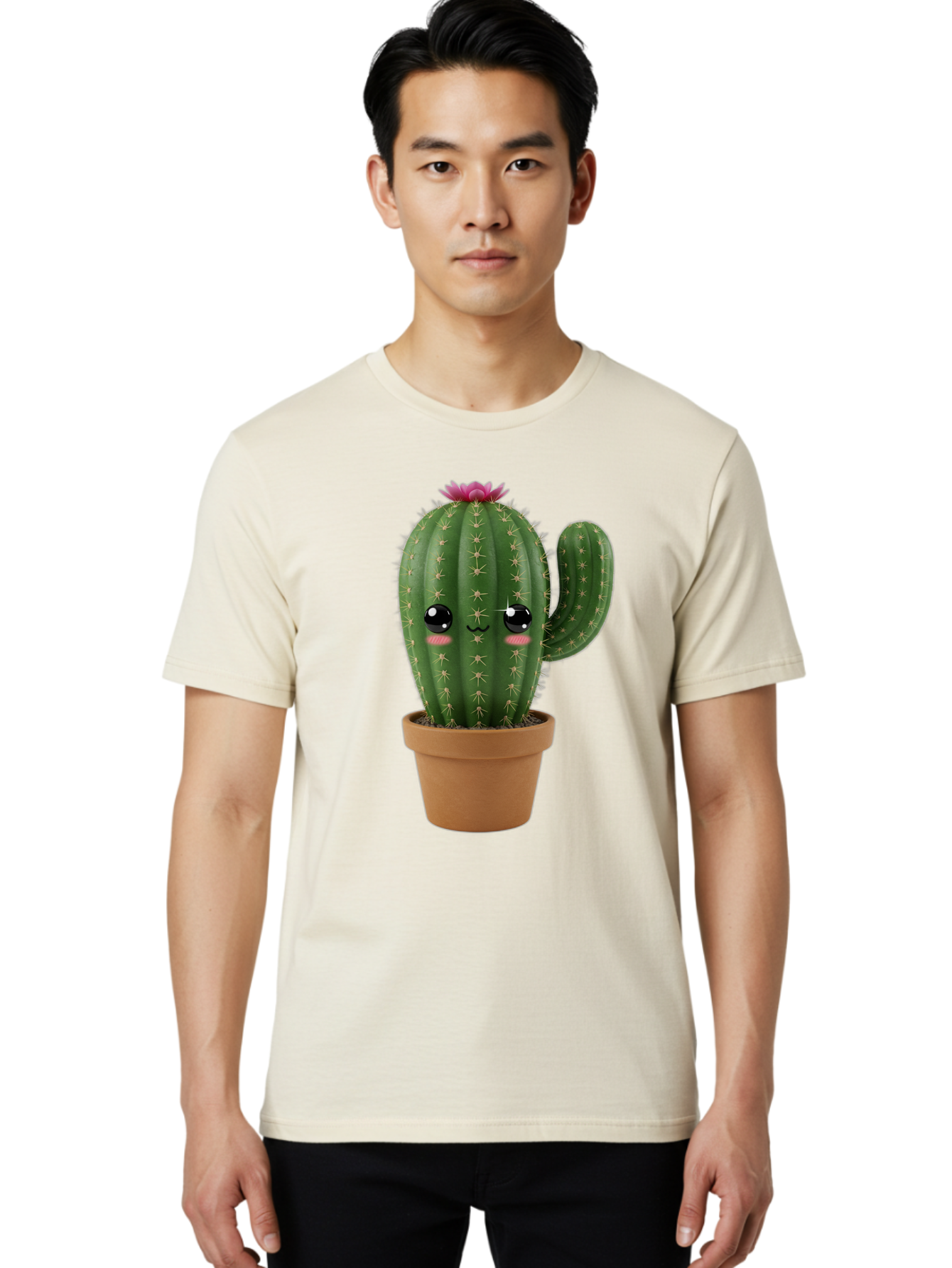 Cactus-In-Pot-1 Men'S Graphic Tee, 100% Cotton, Comfortable Casual Summer Wear, Machine Washable, Cute Cactus, Cartoon Character, Potted Plant, Desert Flora, Green Cactus, Kawaii Design, Adorable Face, Spiky Texture, Terracotta Pot, Bac744