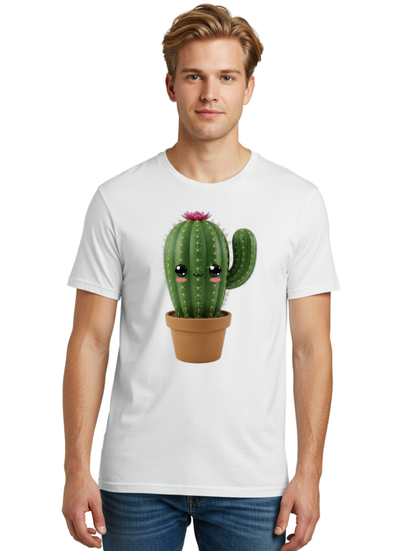 Cactus-In-Pot-1 Men'S Graphic Tee, 100% Cotton, Comfortable Casual Summer Wear, Machine Washable, Cute Cactus, Cartoon Character, Potted Plant, Desert Flora, Green Cactus, Kawaii Design, Adorable Face, Spiky Texture, Terracotta Pot, Bac744