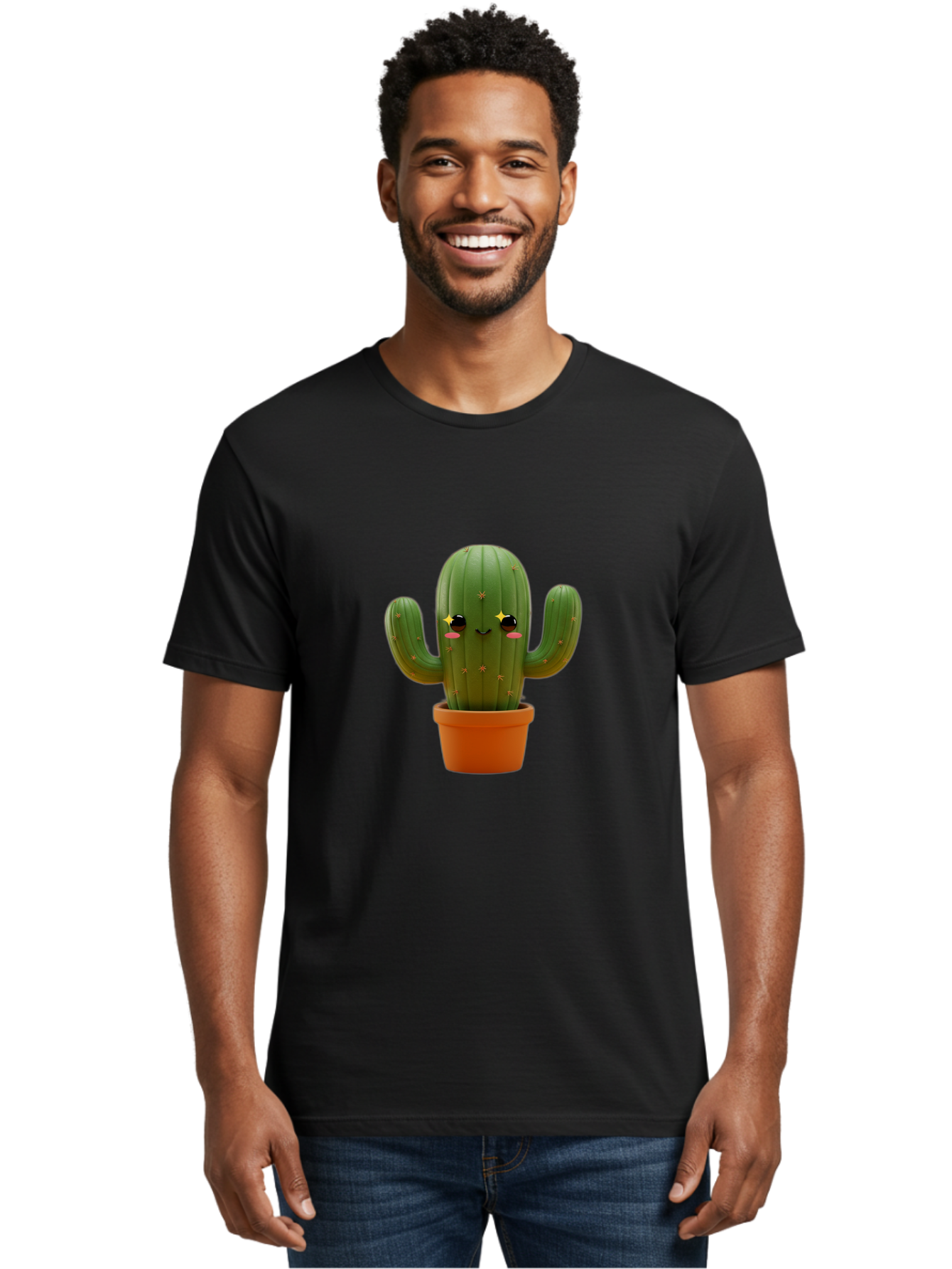 Cactus-In-Pot-2 Men'S Graphic Tee, 100% Cotton, Comfortable Casual Summer Wear, Machine Washable, Cartoon Cactus, Kawaii Cactus, Cactus In Pot, Cute Desert Plant, Funny Face, Quirky Character, Yellow Stars, Rosy Cheeks, Digital Art, Fun Design Bac745