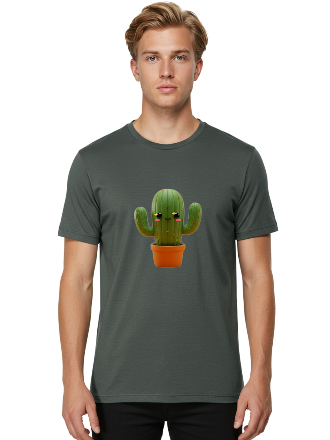 Cactus-In-Pot-2 Men'S Graphic Tee, 100% Cotton, Comfortable Casual Summer Wear, Machine Washable, Cartoon Cactus, Kawaii Cactus, Cactus In Pot, Cute Desert Plant, Funny Face, Quirky Character, Yellow Stars, Rosy Cheeks, Digital Art, Fun Design Bac745