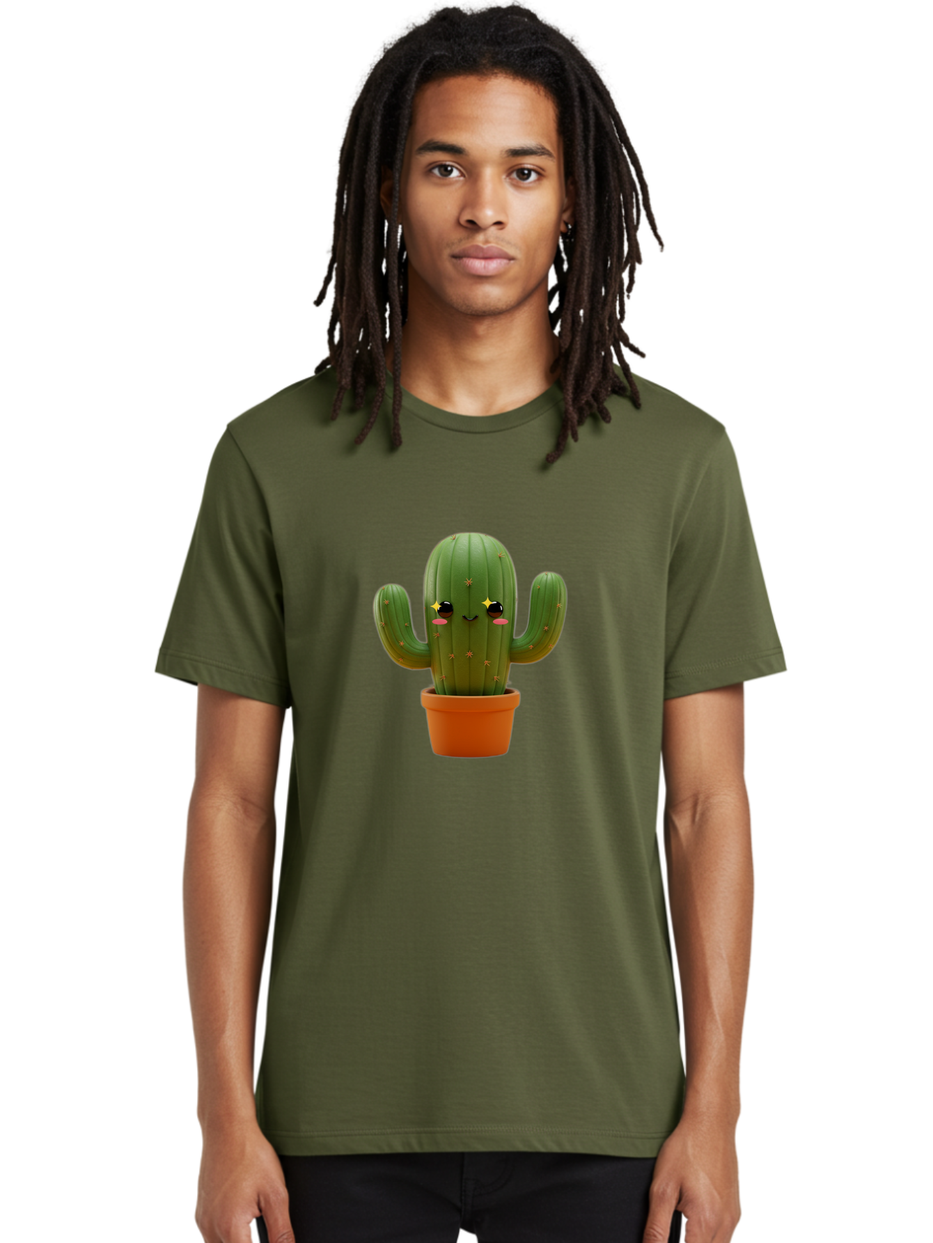 Cactus-In-Pot-2 Men'S Graphic Tee, 100% Cotton, Comfortable Casual Summer Wear, Machine Washable, Cartoon Cactus, Kawaii Cactus, Cactus In Pot, Cute Desert Plant, Funny Face, Quirky Character, Yellow Stars, Rosy Cheeks, Digital Art, Fun Design Bac745