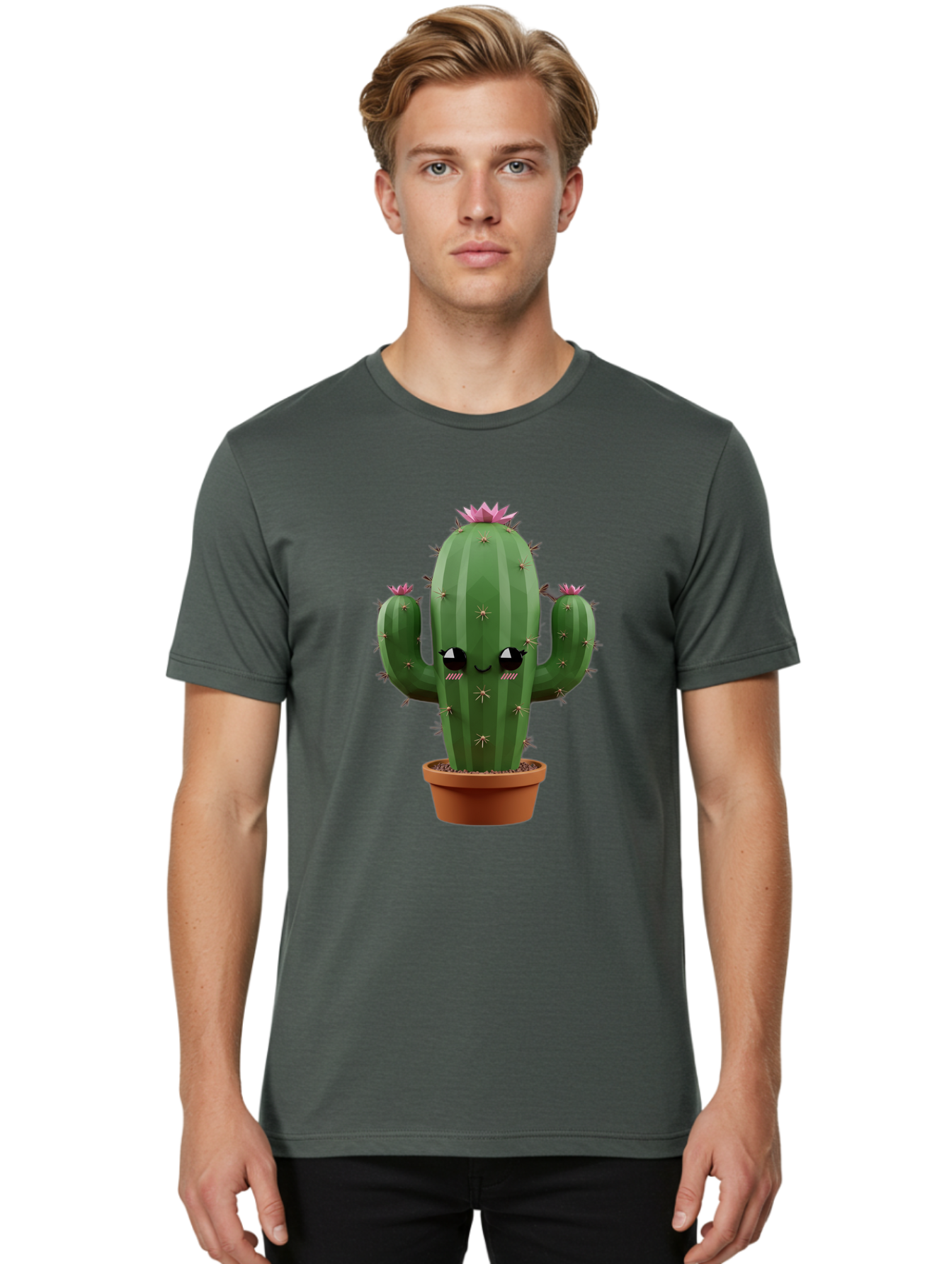 Cactus-In-Pot-3 Men'S Graphic Tee, 100% Cotton, Comfortable Casual Summer Wear, Machine Washable, Cartoon Cactus, Potted Cactus, Cool Cactus, Cactus With Sunglasses, Quirky Plant, Humorous Illustration, Flower Blooming Cactus, Bac746