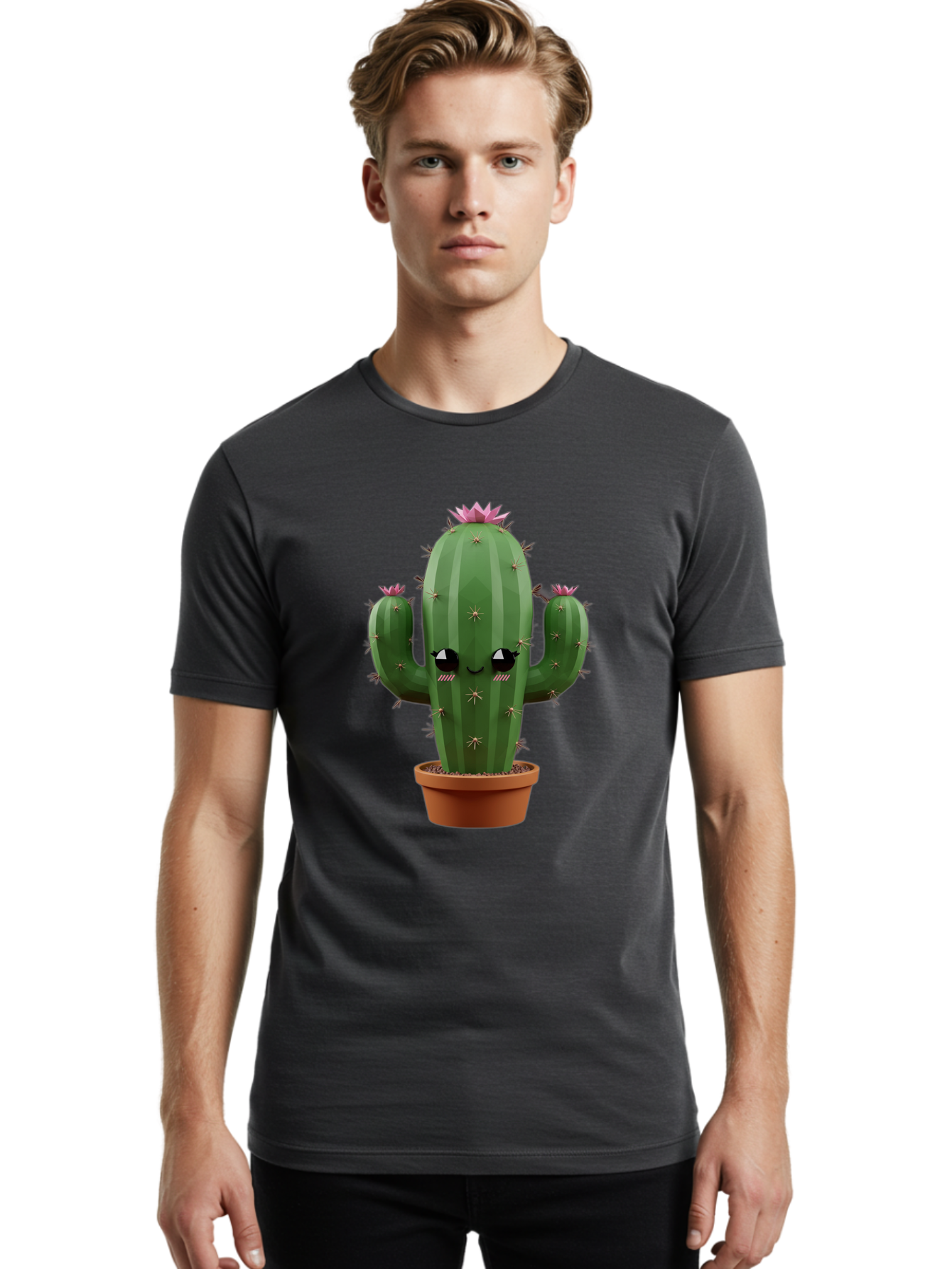 Cactus-In-Pot-3 Men'S Graphic Tee, 100% Cotton, Comfortable Casual Summer Wear, Machine Washable, Cartoon Cactus, Potted Cactus, Cool Cactus, Cactus With Sunglasses, Quirky Plant, Humorous Illustration, Flower Blooming Cactus, Bac746