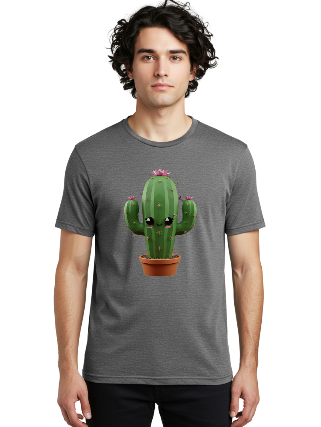 Cactus-In-Pot-3 Men'S Graphic Tee, 100% Cotton, Comfortable Casual Summer Wear, Machine Washable, Cartoon Cactus, Potted Cactus, Cool Cactus, Cactus With Sunglasses, Quirky Plant, Humorous Illustration, Flower Blooming Cactus, Bac746