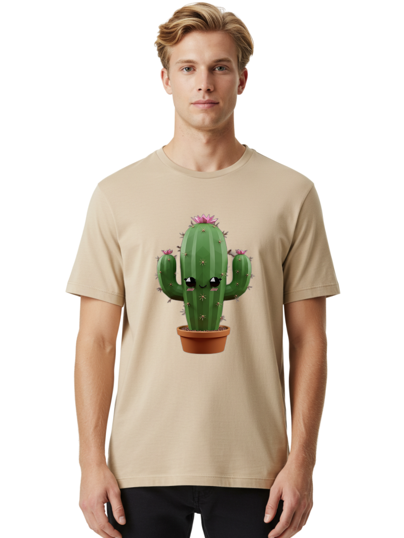 Cactus-In-Pot-3 Men'S Graphic Tee, 100% Cotton, Comfortable Casual Summer Wear, Machine Washable, Cartoon Cactus, Potted Cactus, Cool Cactus, Cactus With Sunglasses, Quirky Plant, Humorous Illustration, Flower Blooming Cactus, Bac746