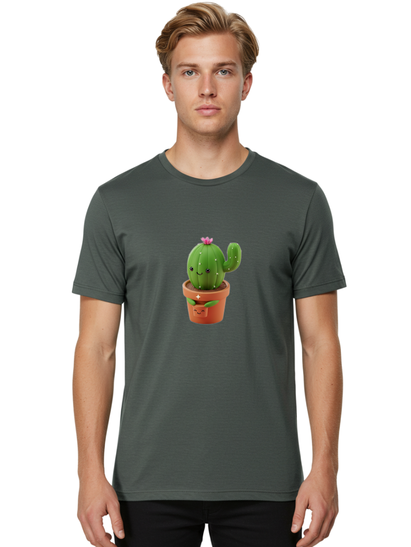 Cactus-In-Pot Men'S Graphic Tee, 100% Cotton, Comfortable Casual Summer Wear, Machine Washable, Cartoon Cactus, Cactus In Pot, Smiling Face, Pink Flower, Cute Decor, Kawaii Style, Succulent Plant, Terracotta Pot, Adorable Character, Bac748