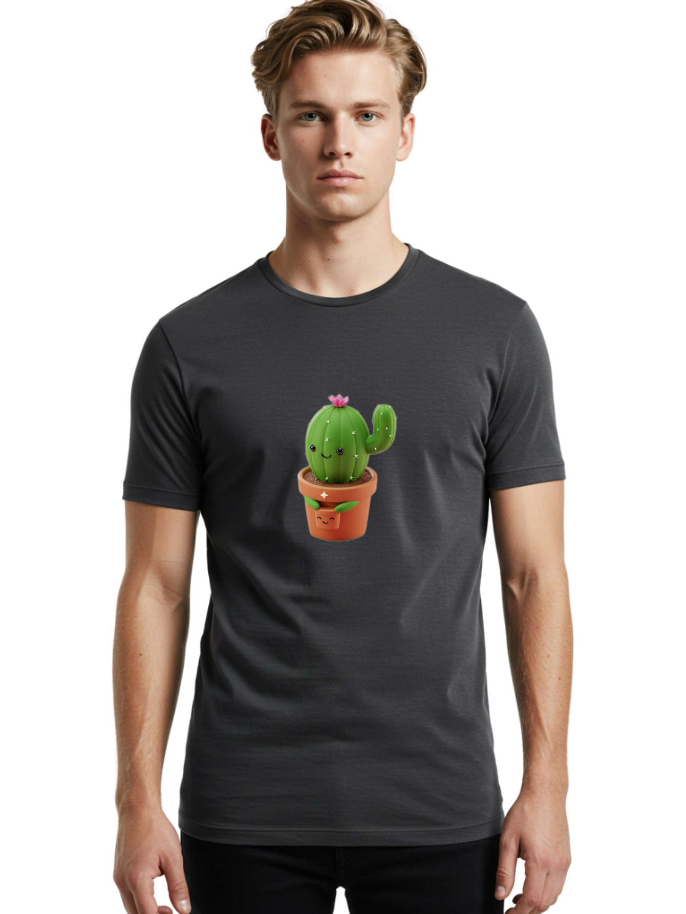 Cactus-In-Pot Men'S Graphic Tee, 100% Cotton, Comfortable Casual Summer Wear, Machine Washable, Cartoon Cactus, Cactus In Pot, Smiling Face, Pink Flower, Cute Decor, Kawaii Style, Succulent Plant, Terracotta Pot, Adorable Character, Bac748