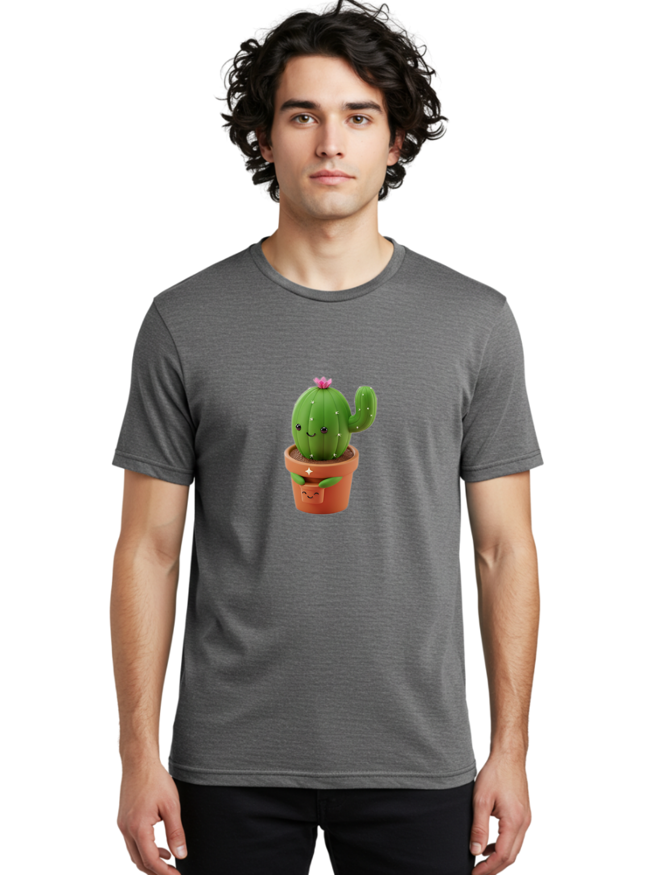 Cactus-In-Pot Men'S Graphic Tee, 100% Cotton, Comfortable Casual Summer Wear, Machine Washable, Cartoon Cactus, Cactus In Pot, Smiling Face, Pink Flower, Cute Decor, Kawaii Style, Succulent Plant, Terracotta Pot, Adorable Character, Bac748