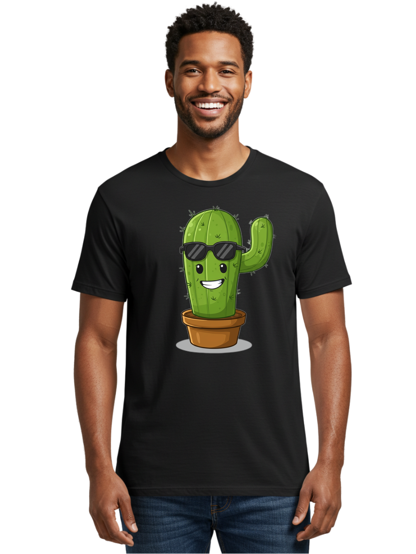 Cactus-In-Shades Men'S Graphic Tee, 100% Cotton, Comfortable Casual Summer Wear, Machine Washable, Cartoon Cactus, Cactus Character, Sunglasses, Potted Plant, Quirky Design, Fun Illustration, Desert Plant, Cool Cactus, Happy Face Bac749