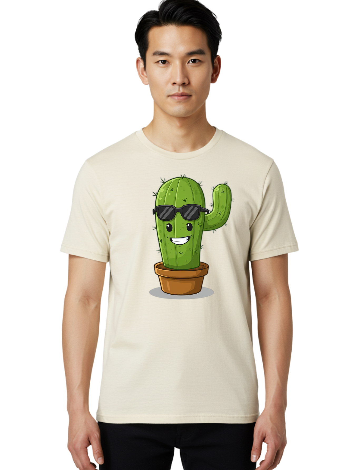Cactus-In-Shades Men'S Graphic Tee, 100% Cotton, Comfortable Casual Summer Wear, Machine Washable, Cartoon Cactus, Cactus Character, Sunglasses, Potted Plant, Quirky Design, Fun Illustration, Desert Plant, Cool Cactus, Happy Face Bac749