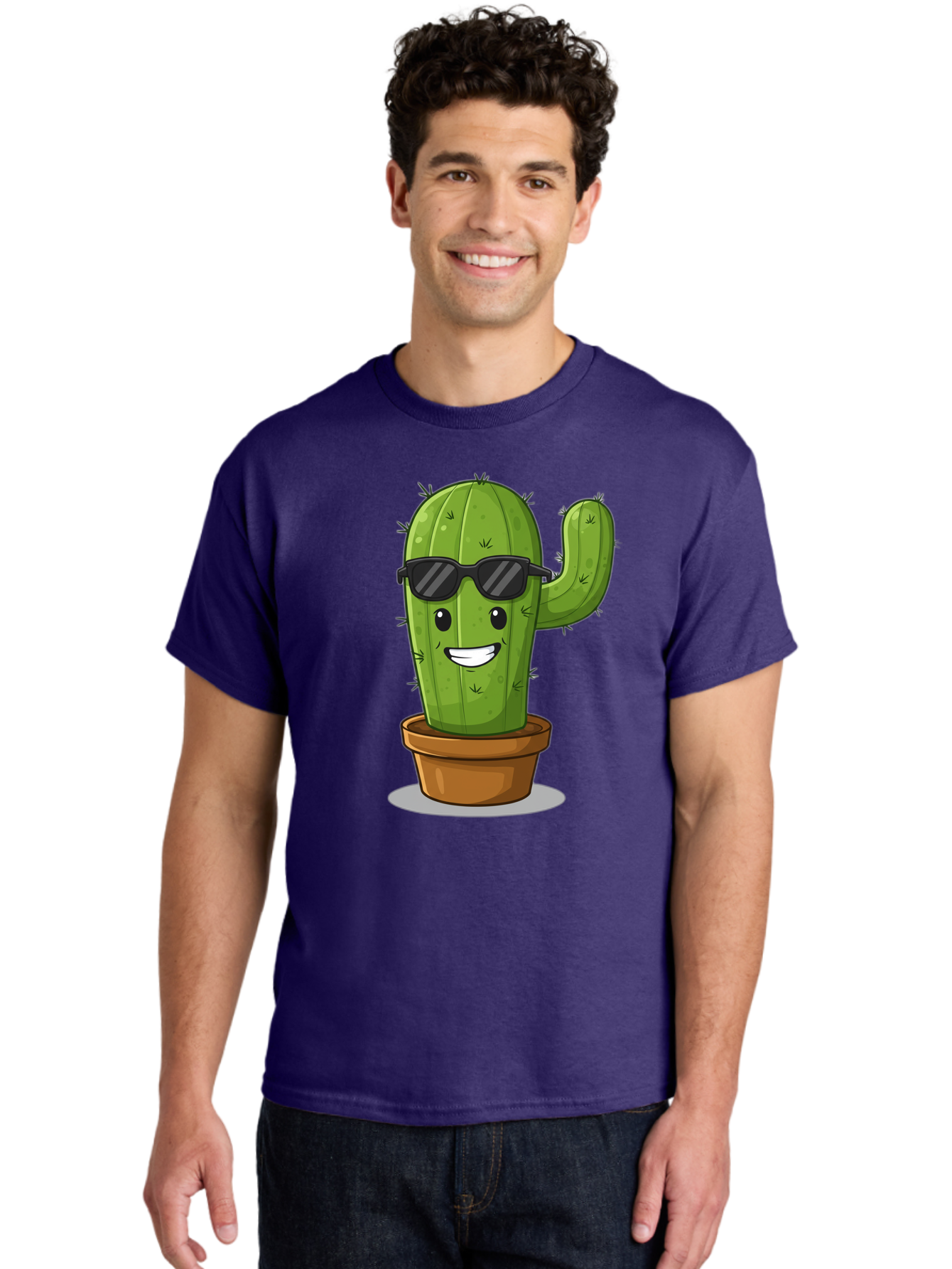 Cactus-In-Shades Men'S Graphic Tee, 100% Cotton, Comfortable Casual Summer Wear, Machine Washable, Cartoon Cactus, Cactus Character, Sunglasses, Potted Plant, Quirky Design, Fun Illustration, Desert Plant, Cool Cactus, Happy Face Bac749