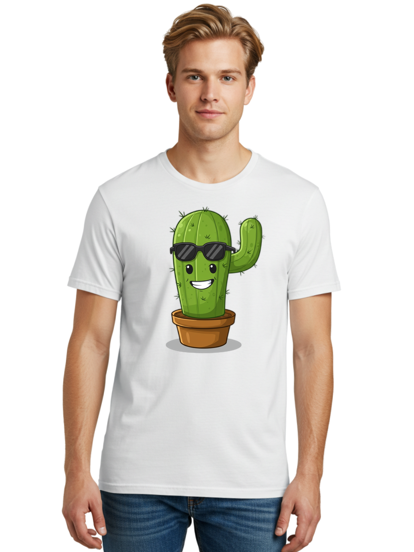 Cactus-In-Shades Men'S Graphic Tee, 100% Cotton, Comfortable Casual Summer Wear, Machine Washable, Cartoon Cactus, Cactus Character, Sunglasses, Potted Plant, Quirky Design, Fun Illustration, Desert Plant, Cool Cactus, Happy Face Bac749