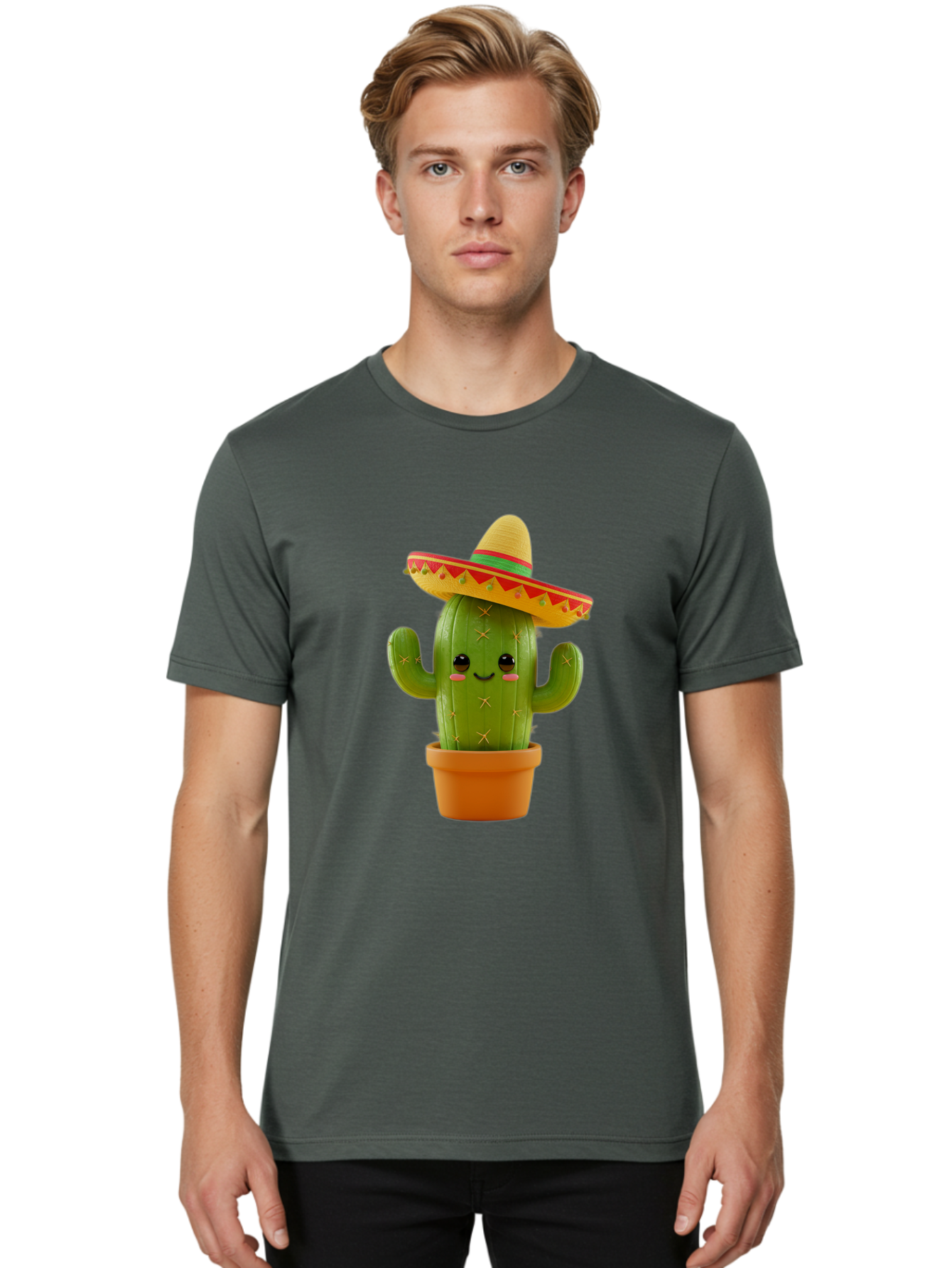 Cactus-In-Sombrero Men'S Graphic Tee, 100% Cotton, Comfortable Casual Summer Wear, Machine Washable, Cartoon Cactus, Smiling Face, Sombrero Hat, Terracotta Pot, Festive Decor, Mexican Culture, Fun Design, Vibrant Colors, Kawaii Style Bac750